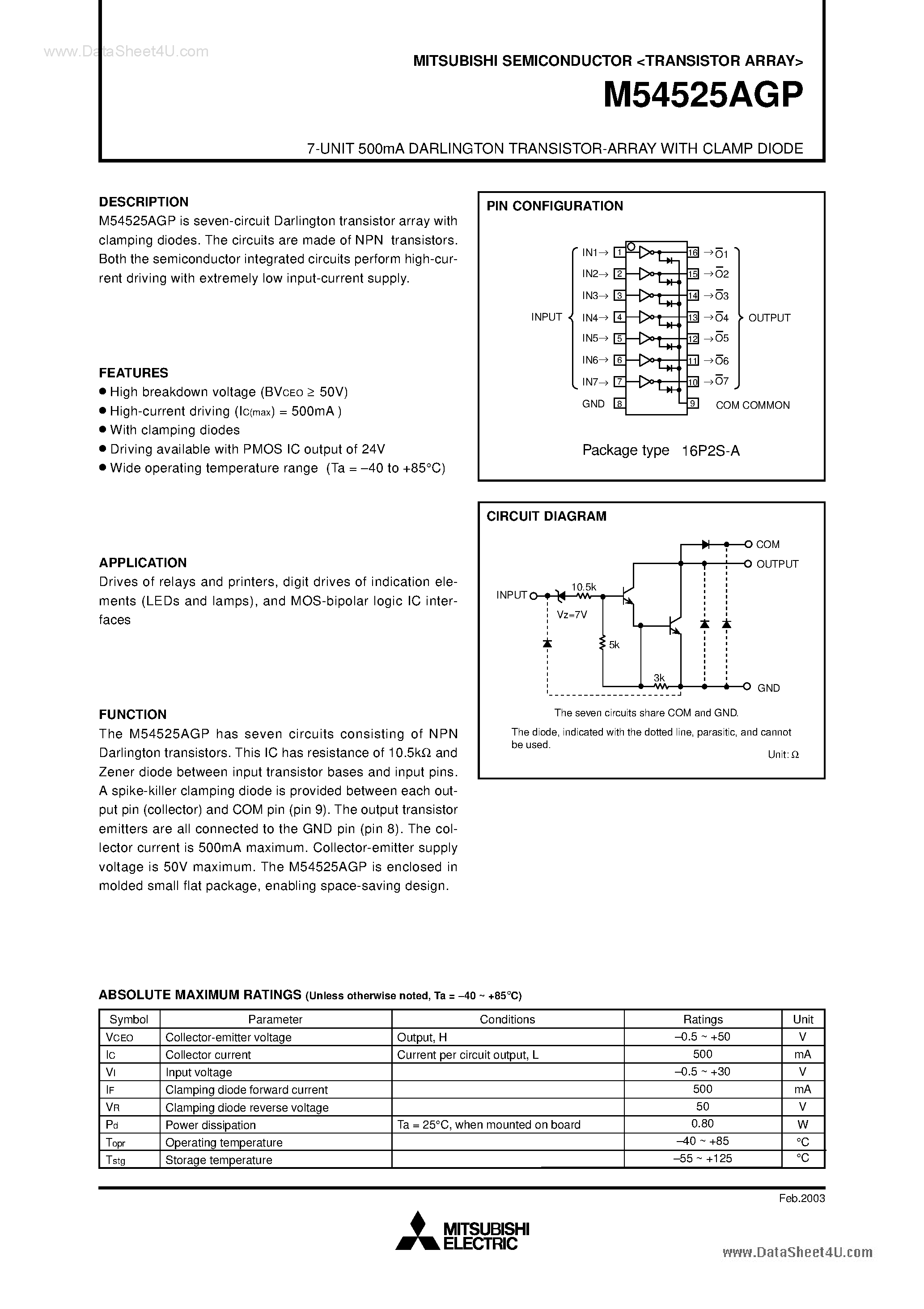 Даташит на микросхему M54525AGP страница 1 Даташит M54525AGP - 7-UNIT 500mA DARLINGTON TRANSISTOR-ARRAY страница 1