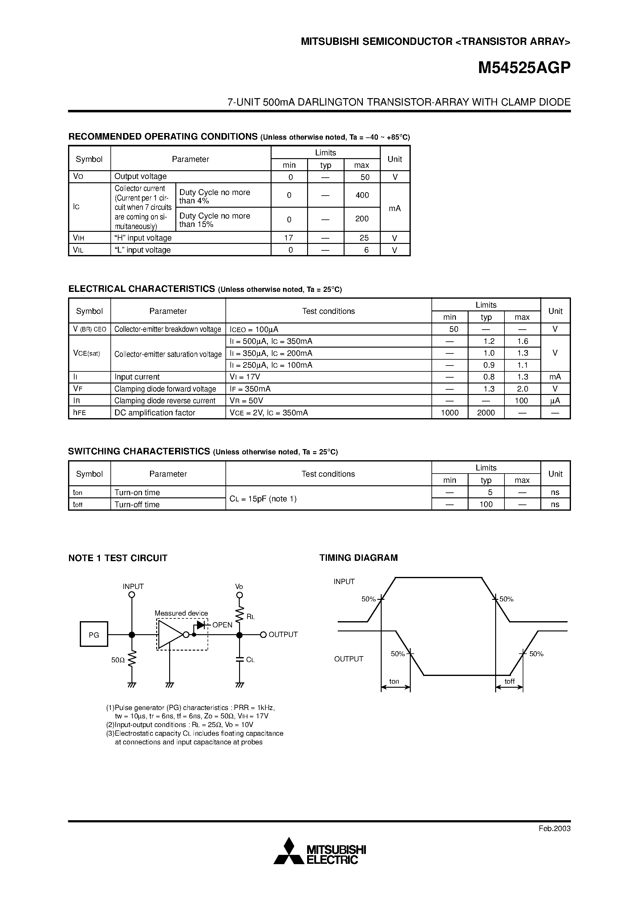 Даташит на микросхему M54525AGP страница 2 Даташит M54525AGP - 7-UNIT 500mA DARLINGTON TRANSISTOR-ARRAY страница 2