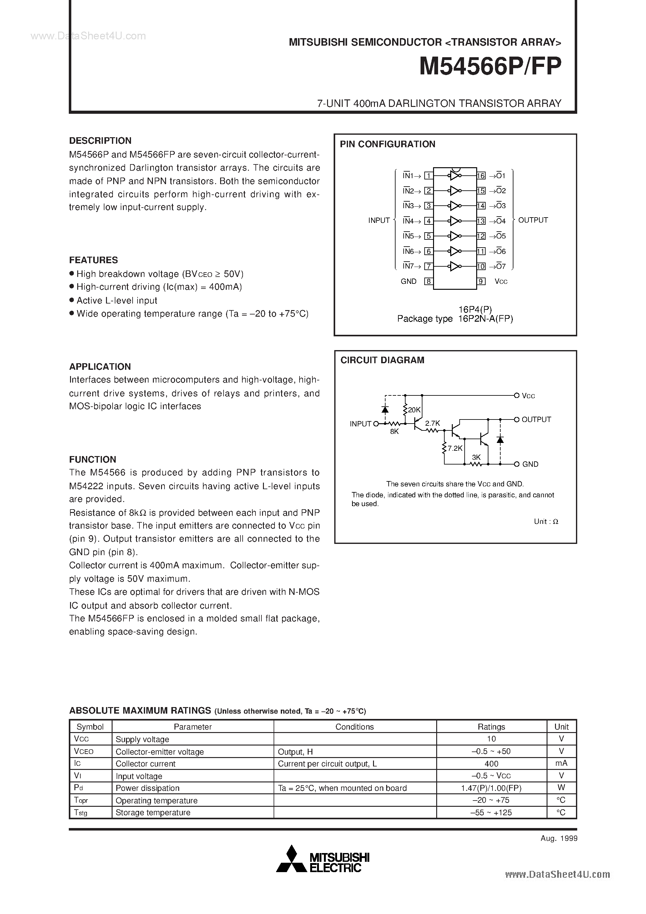 Datasheet M54566FP - 7-UNIT 400mA DARLINGTON TRANSISTOR ARRAY page 1