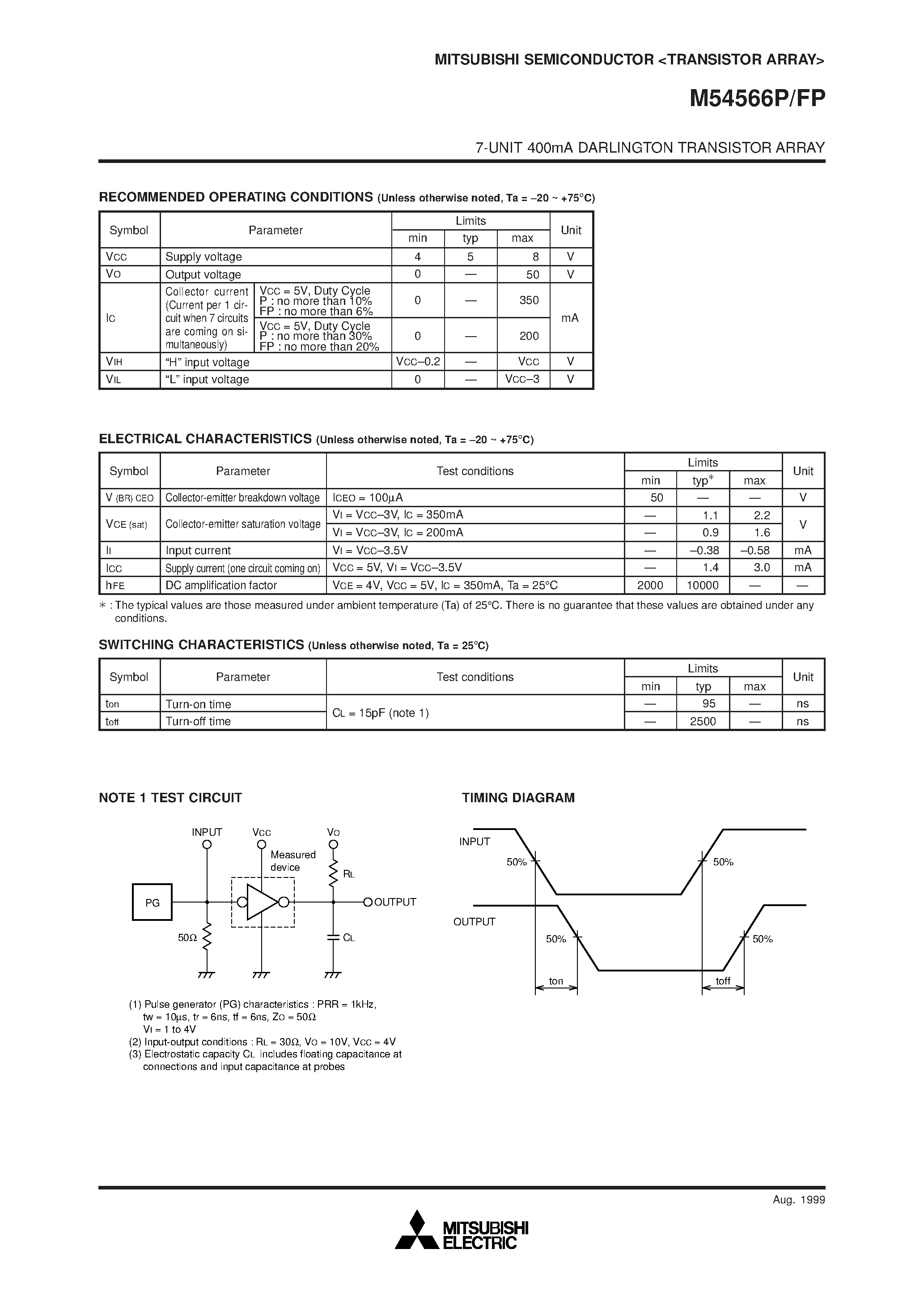 Datasheet M54566FP - 7-UNIT 400mA DARLINGTON TRANSISTOR ARRAY page 2