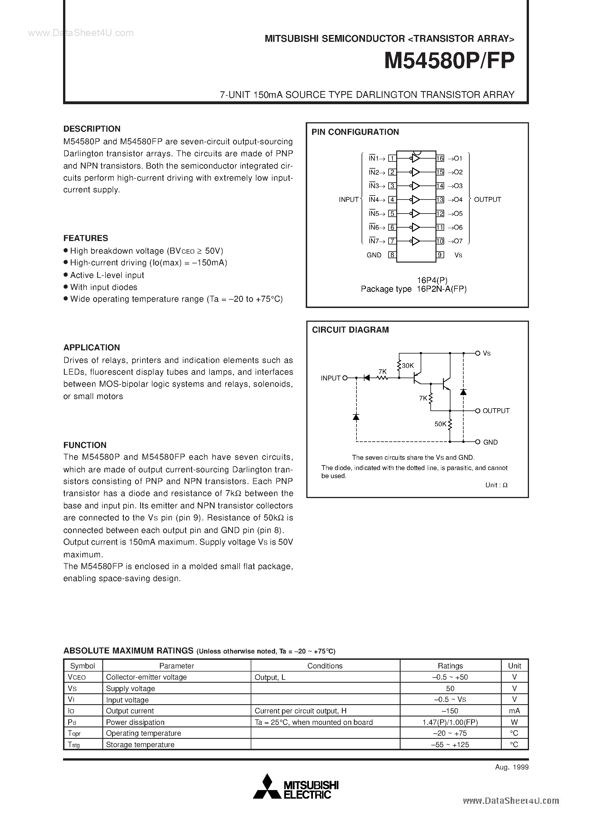 Datasheet M54580FP - 7-UNIT 150mA SOURCE TYPE DARLINGTON TRANSISTOR ARRAY page 1