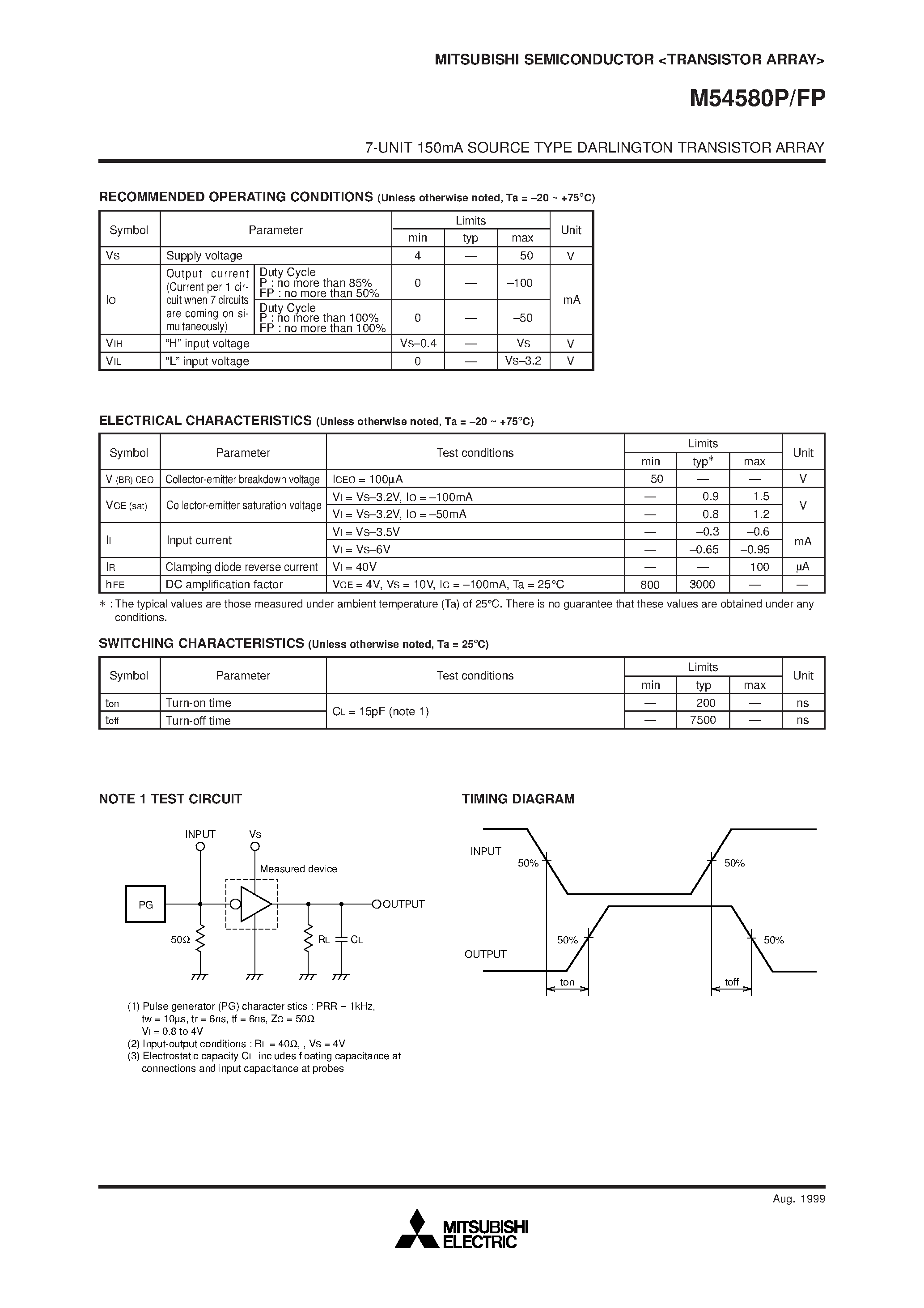 Datasheet M54580FP - 7-UNIT 150mA SOURCE TYPE DARLINGTON TRANSISTOR ARRAY page 2
