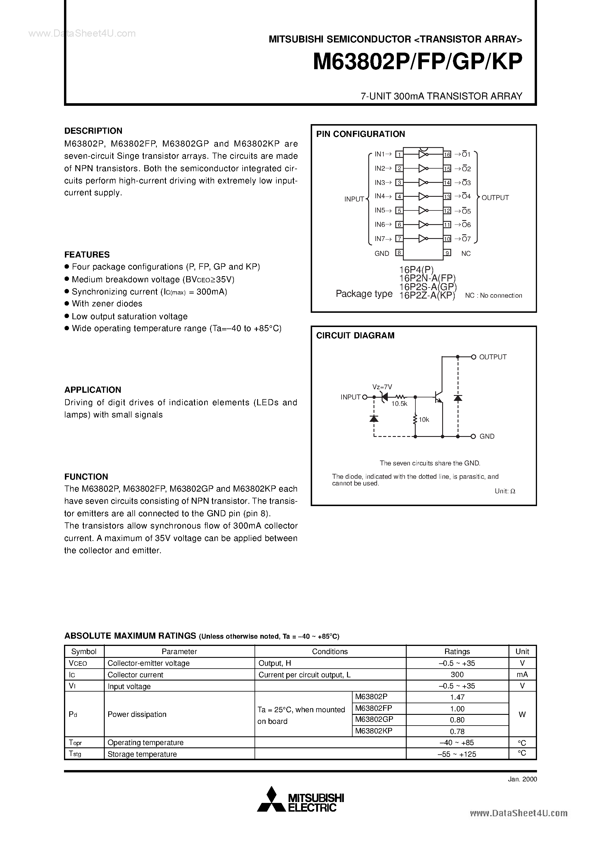 Даташит на микросхему M63802FP страница 1 Даташит M63802FP - (M63802xx) 7-UNIT 300mA TRANSISTOR ARRAY страница 1