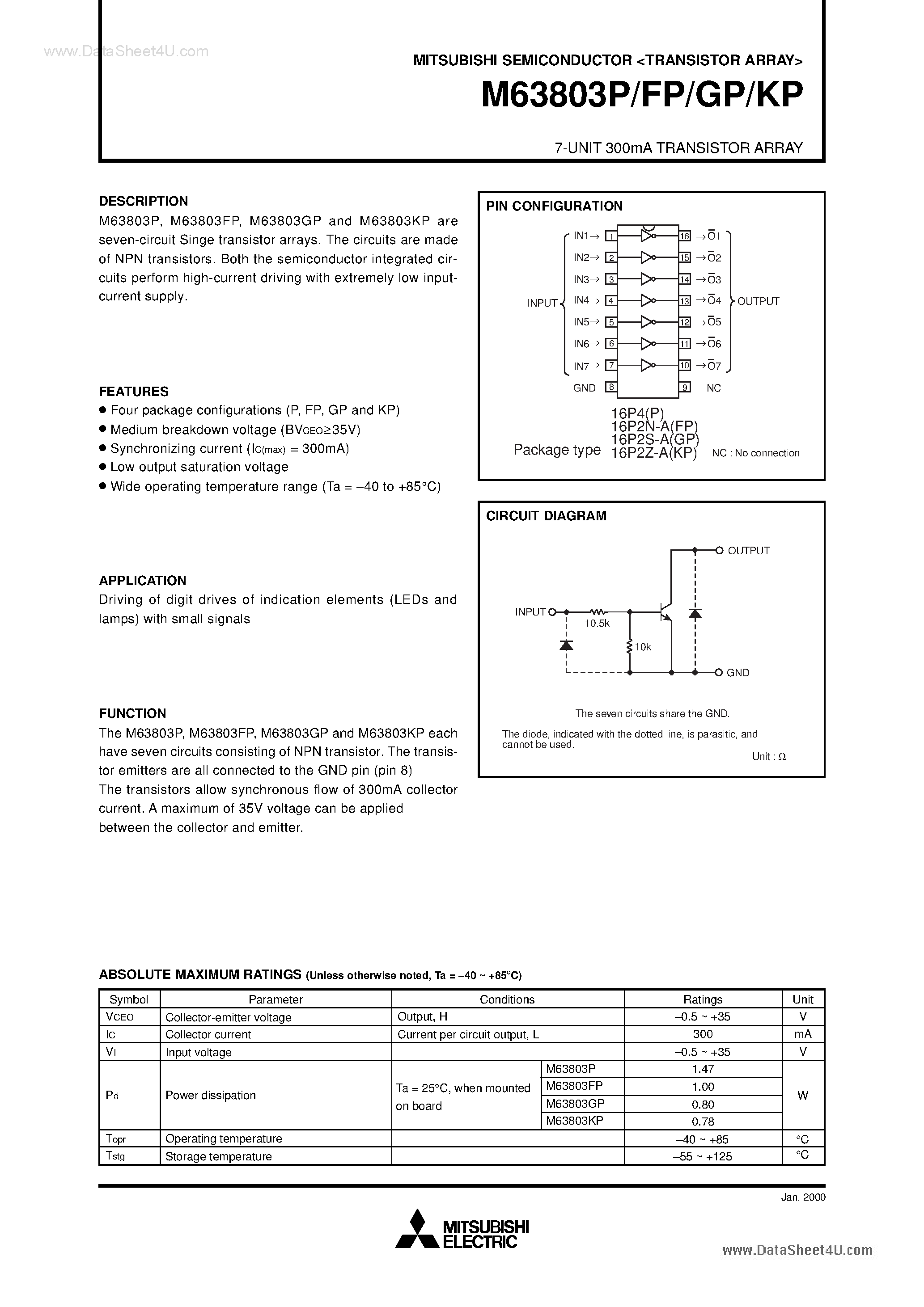 Datasheet M63803FP page 1 Datasheet M63803FP - (M63803xx) 7-UNIT 300mA TRANSISTOR ARRAY page 1