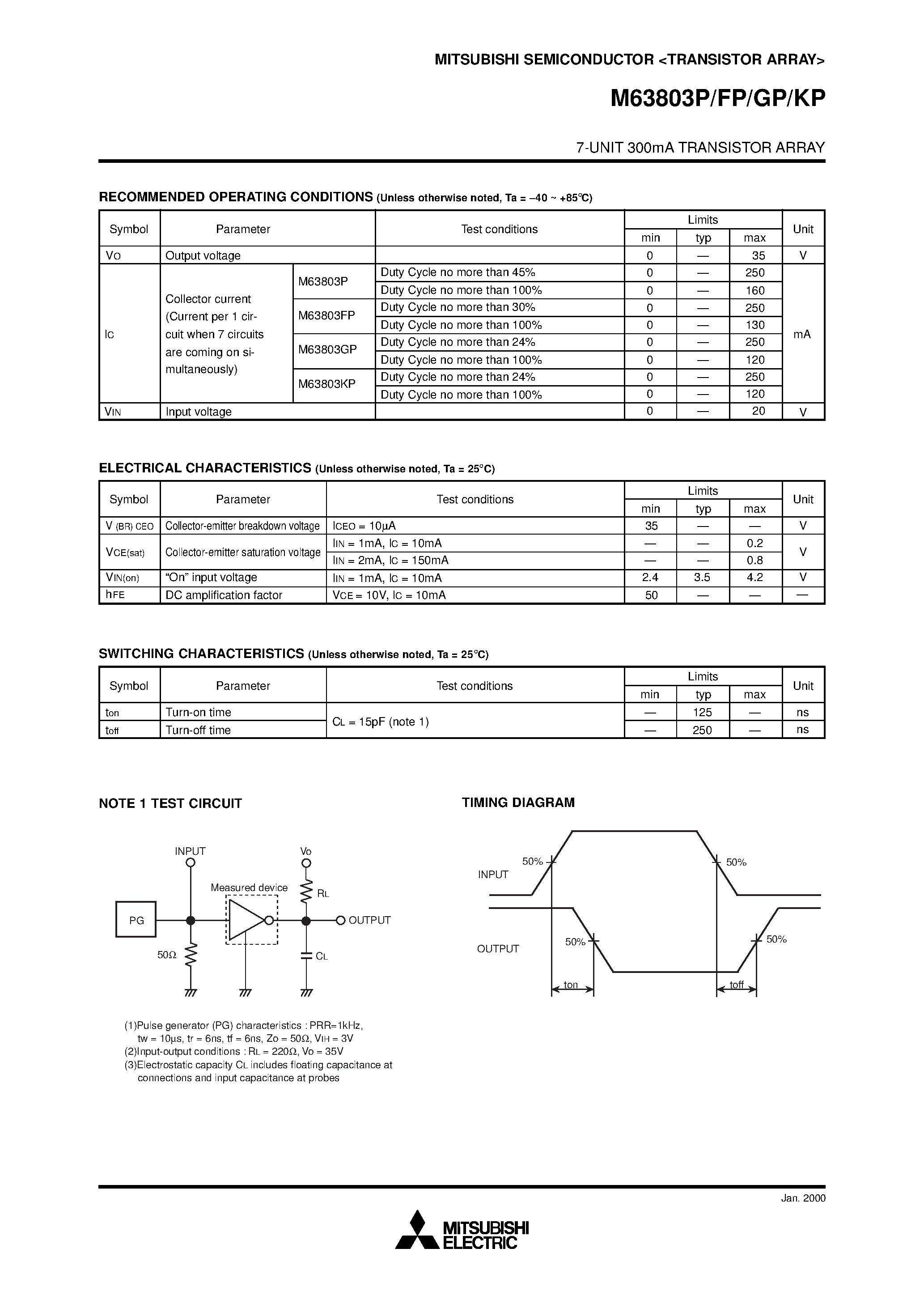 Datasheet M63803FP page 2 Datasheet M63803FP - (M63803xx) 7-UNIT 300mA TRANSISTOR ARRAY page 2