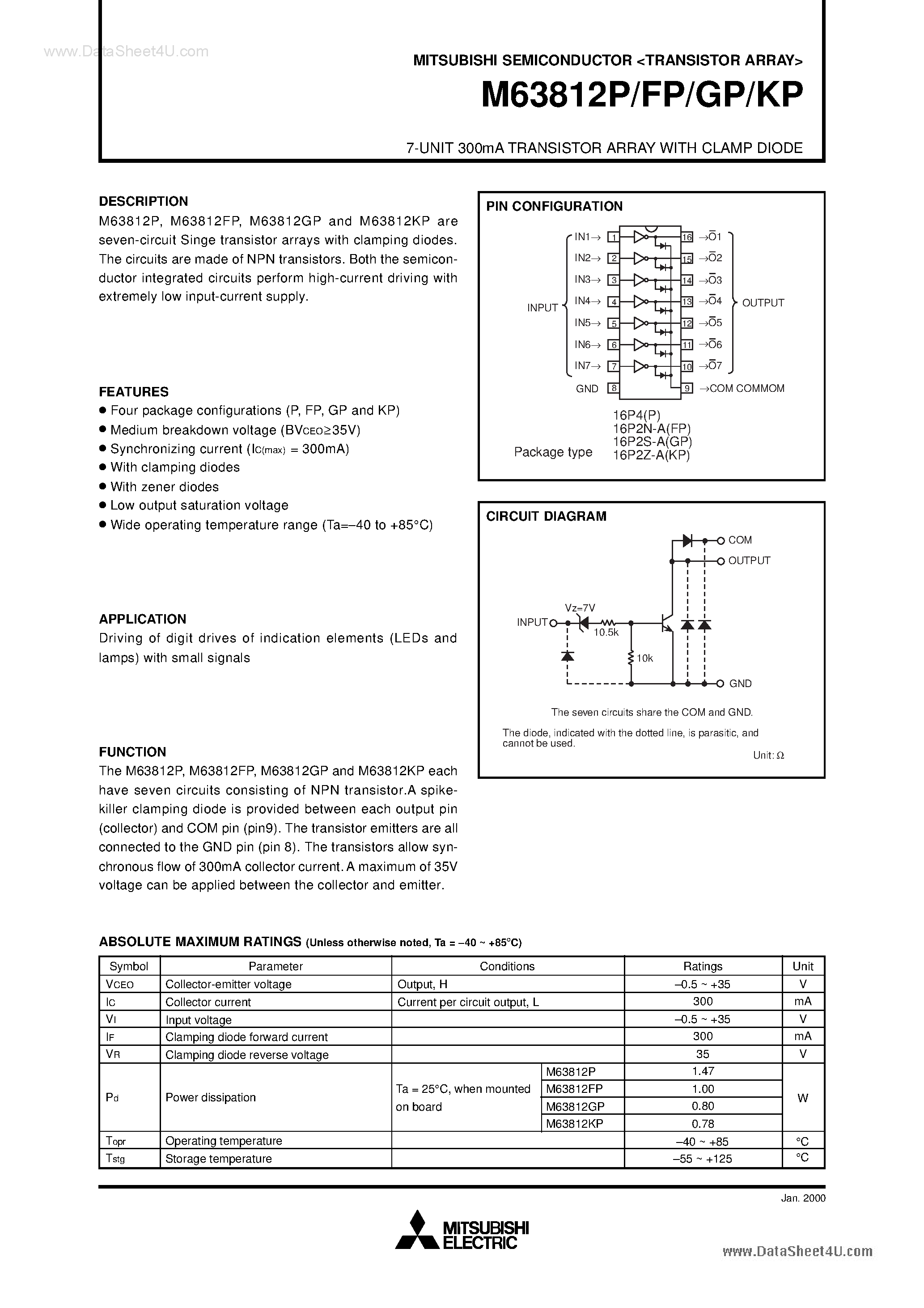 Datasheet M63812FP page 1 Datasheet M63812FP - (M63812xx) 7-UNIT 300mA TRANSISTOR ARRAY page 1