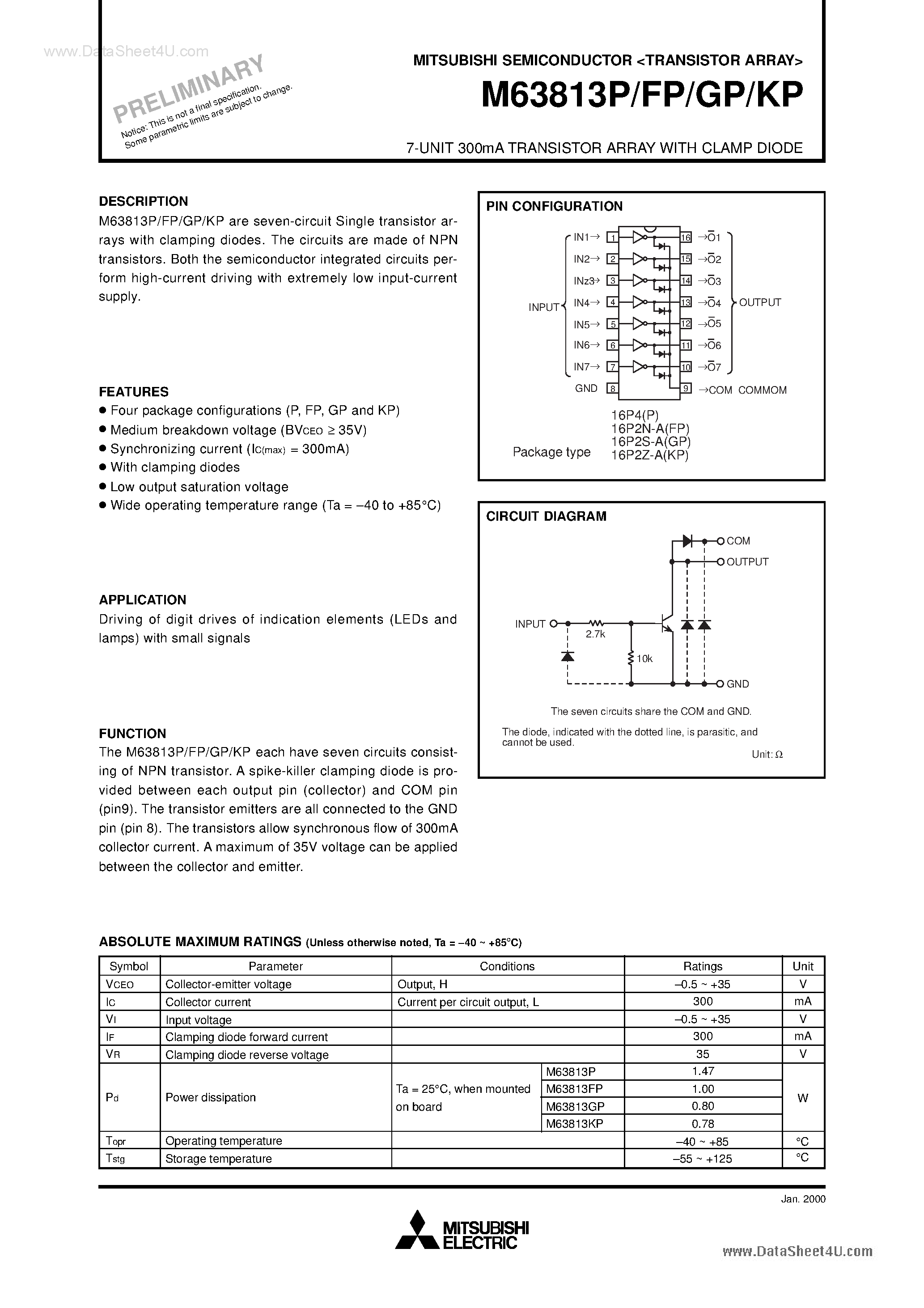 Datasheet M63813FP - (M63813xx) 7-UNIT 300mA TRANSISTOR ARRAY page 1