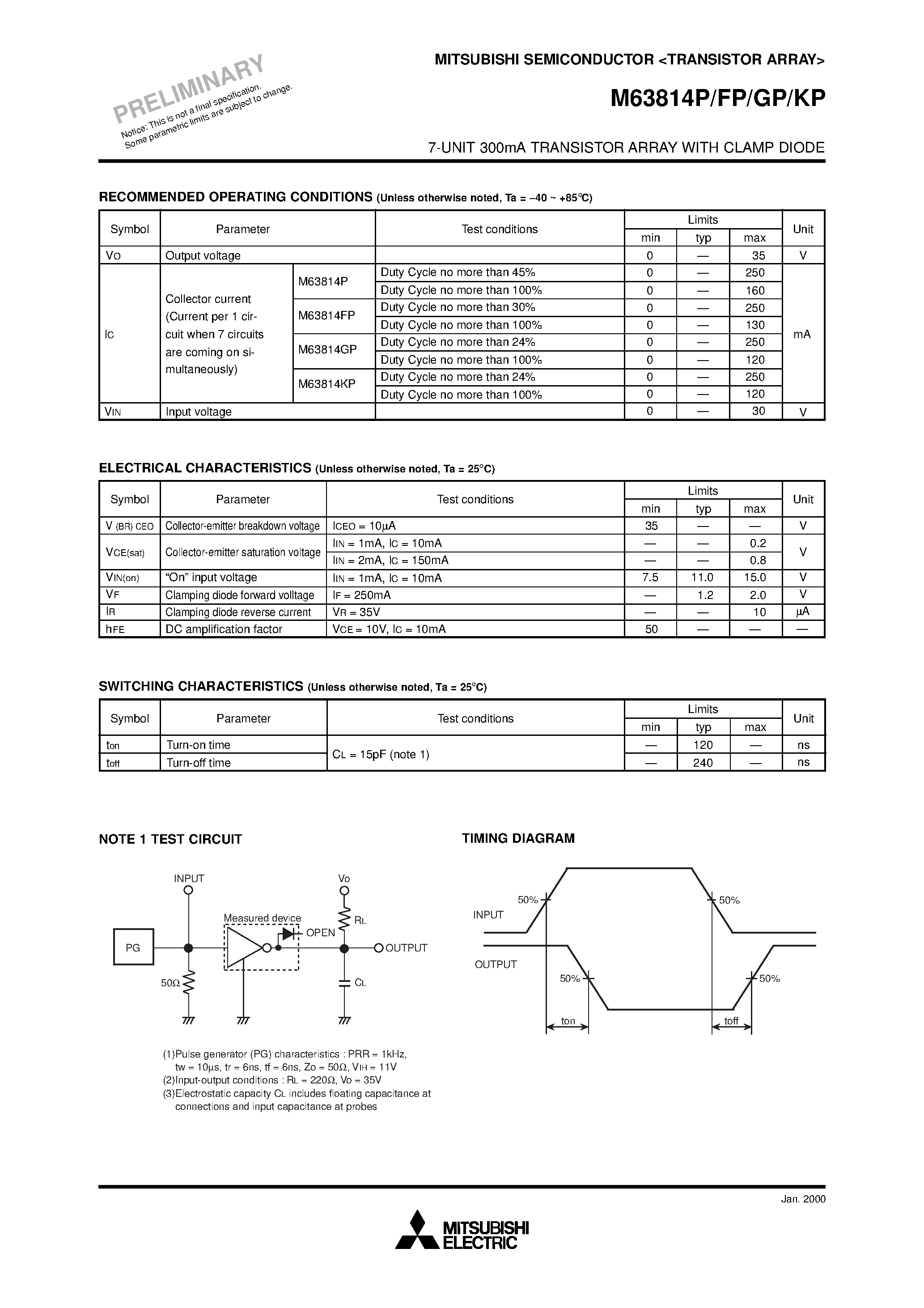 Datasheet M63814FP page 2 Datasheet M63814FP - (M63814xx) 7-UNIT 300mA TRANSISTOR ARRAY page 2