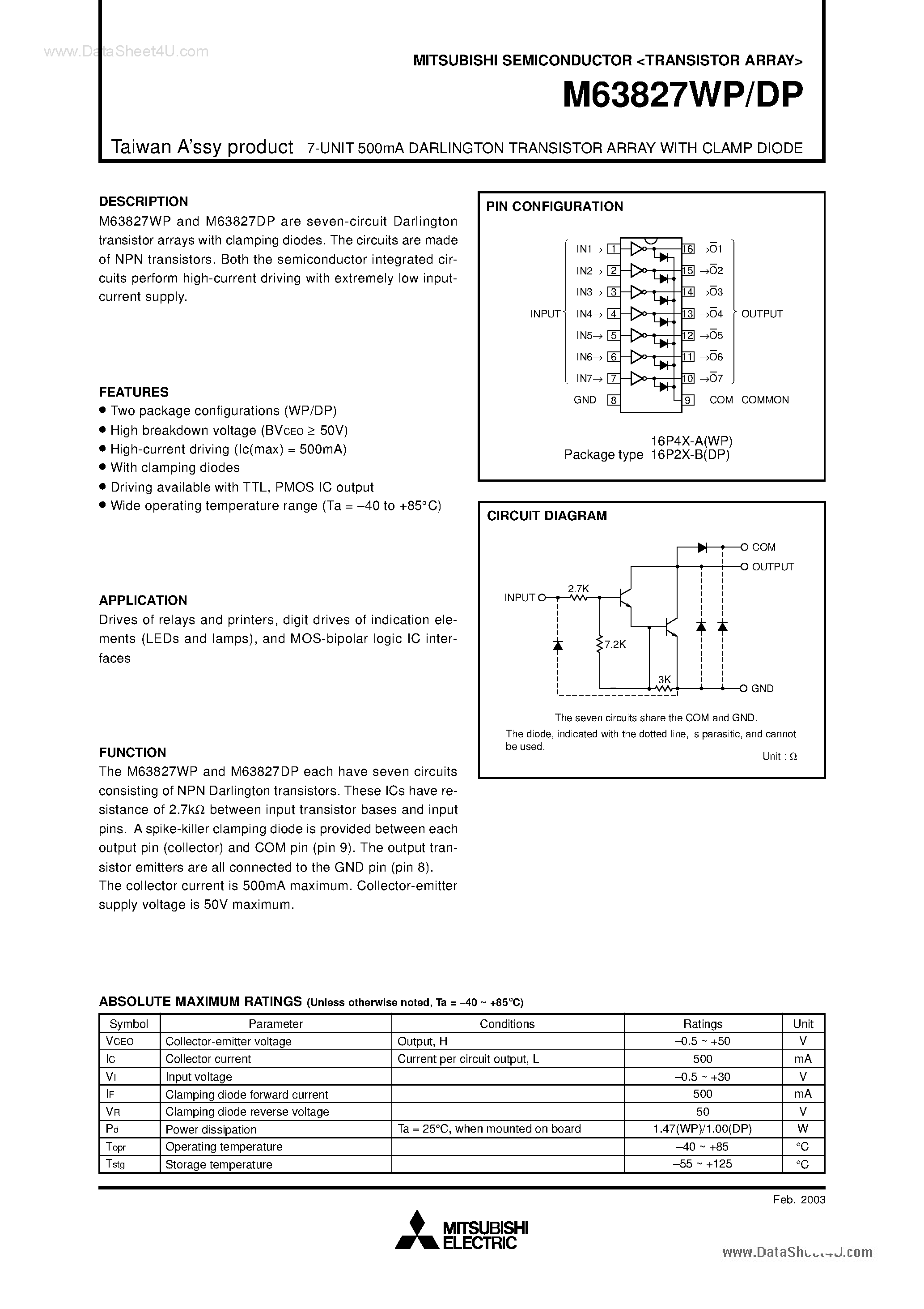 Даташит M63827DP - (M63827xP) 7-UNIT 500mA DARLINGTON TRANSISTOR ARRAY страница 1