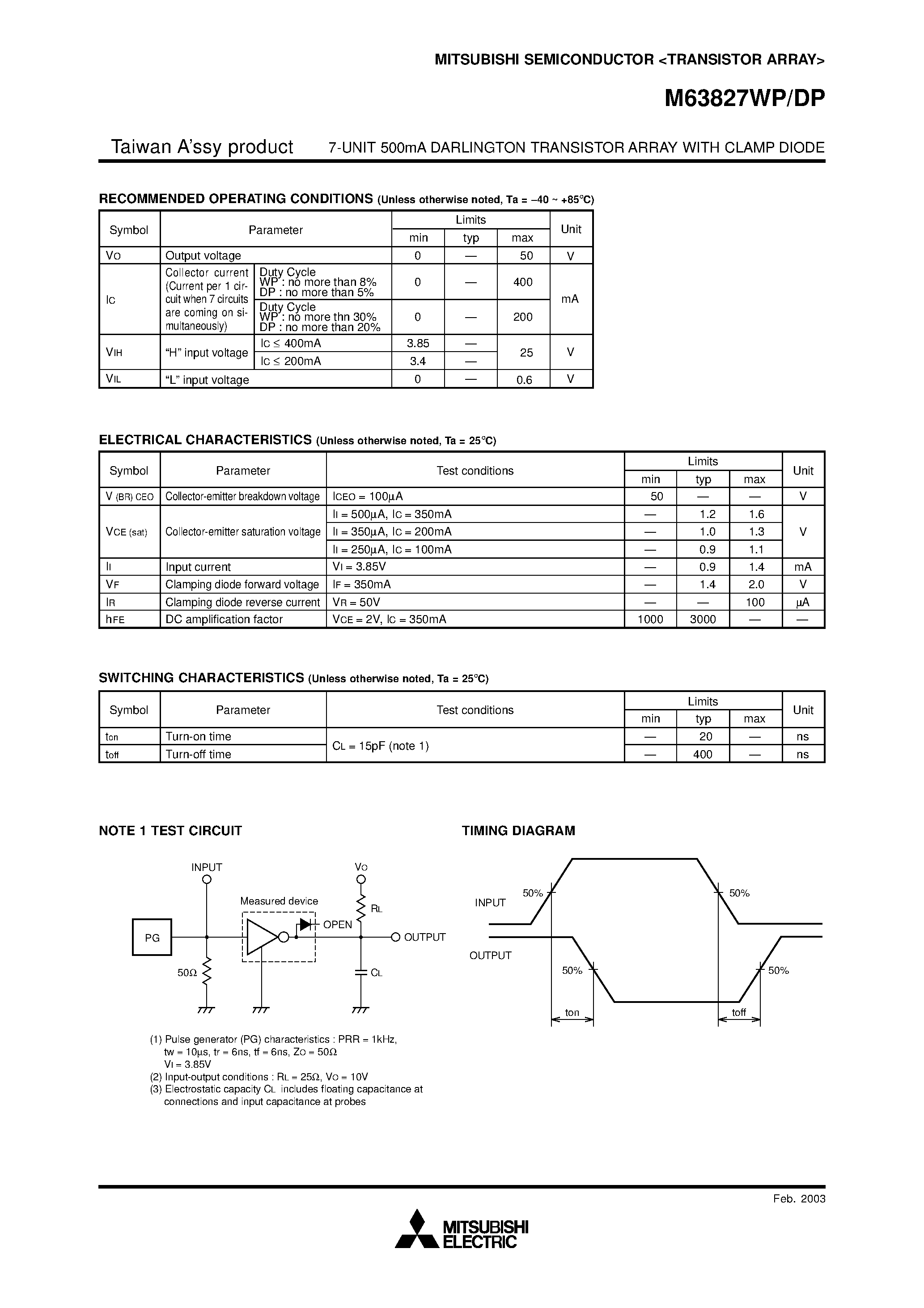Даташит M63827DP - (M63827xP) 7-UNIT 500mA DARLINGTON TRANSISTOR ARRAY страница 2