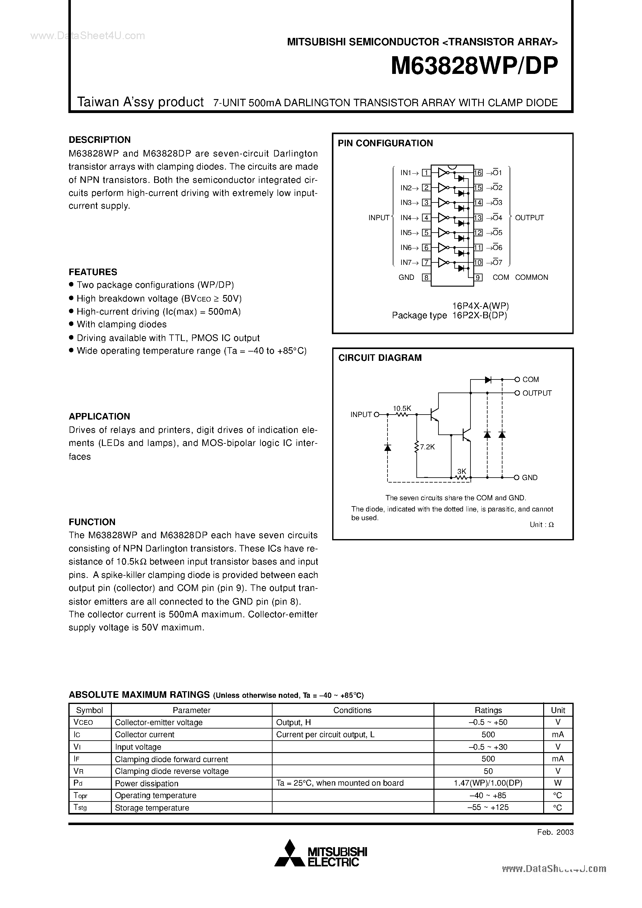 Даташит на микросхему M63828DP страница 1 Даташит M63828DP - (M63828xP) 7-UNIT 500mA DARLINGTON TRANSISTOR ARRAY страница 1
