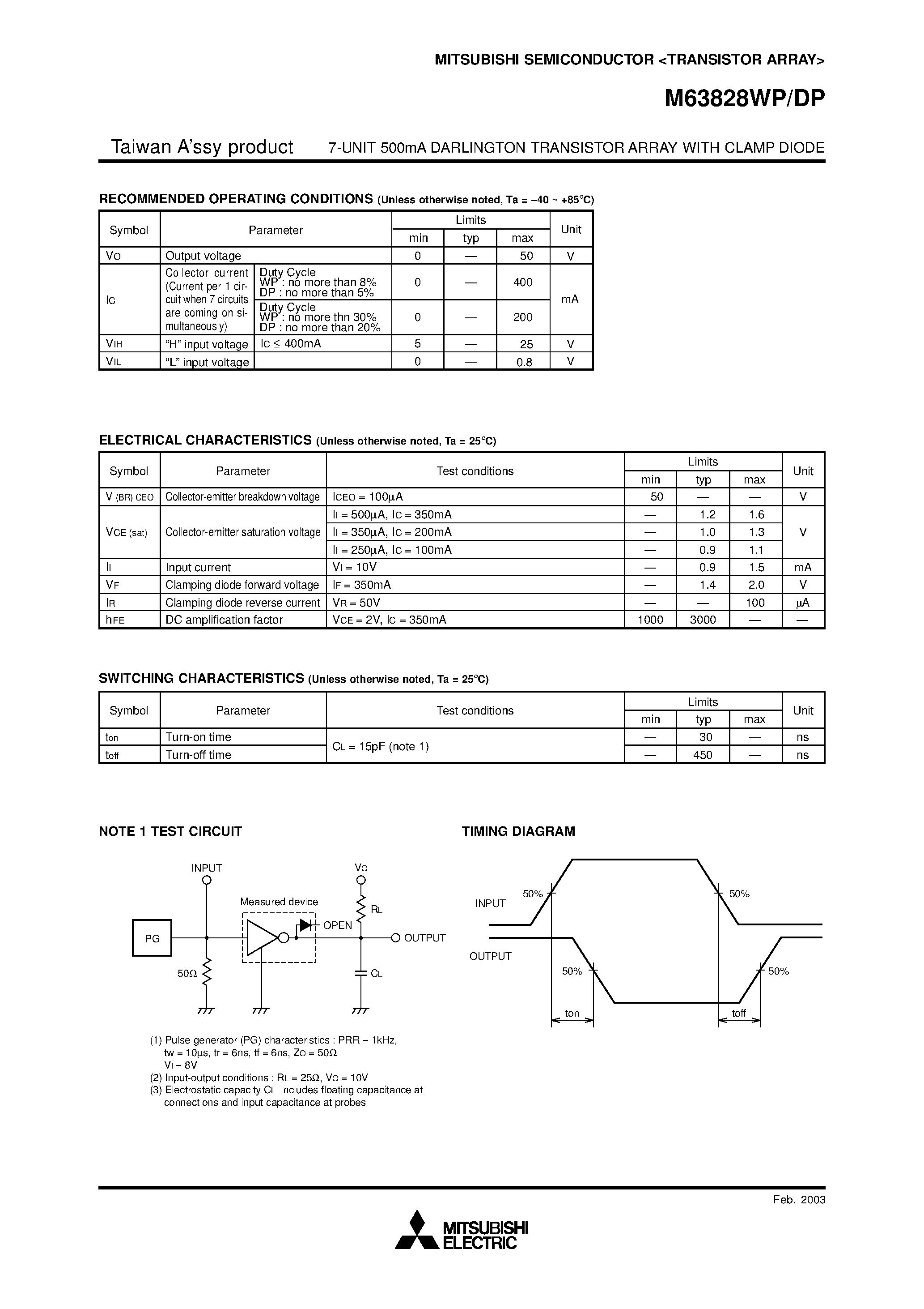 Даташит на микросхему M63828DP страница 2 Даташит M63828DP - (M63828xP) 7-UNIT 500mA DARLINGTON TRANSISTOR ARRAY страница 2