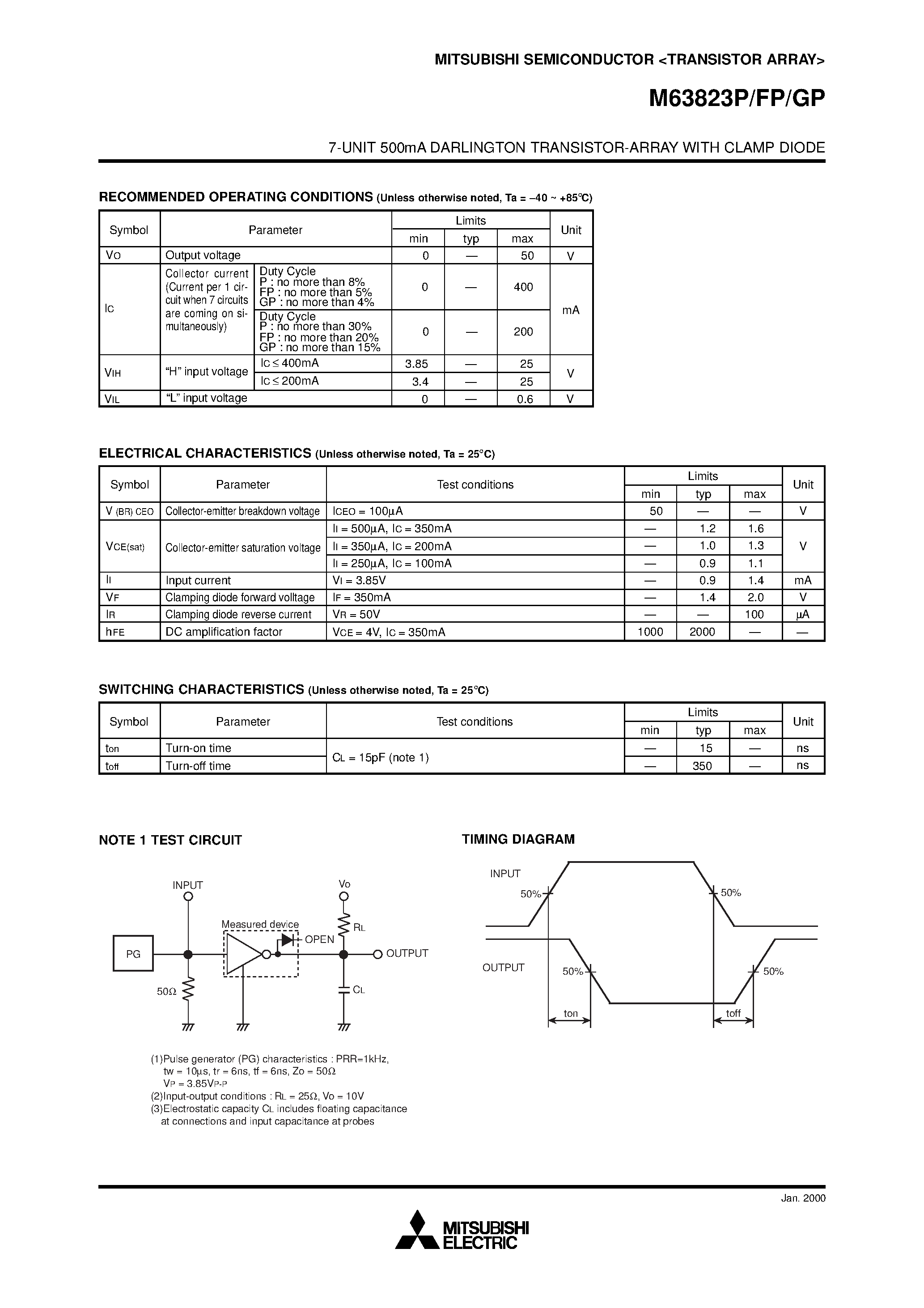 Даташит на микросхему M63823FP страница 2 Даташит M63823FP - (M63823xP) 7-UNIT 500mA DARLINGTON TRANSISTOR-ARRAY страница 2