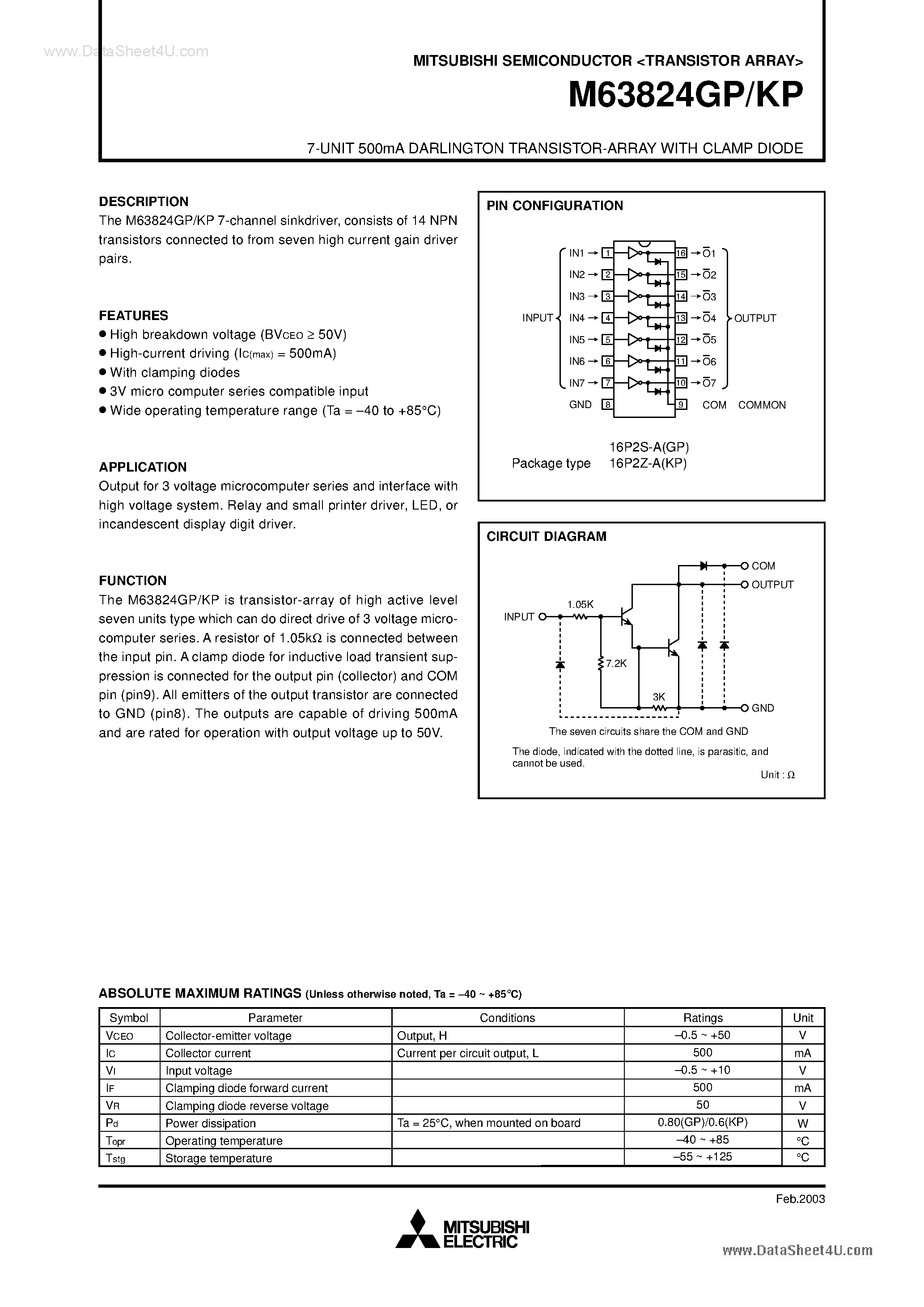 Datasheet M63824GP - (M63824xP) 7-UNIT 500mA DARLINGTON TRANSISTOR-ARRAY page 1