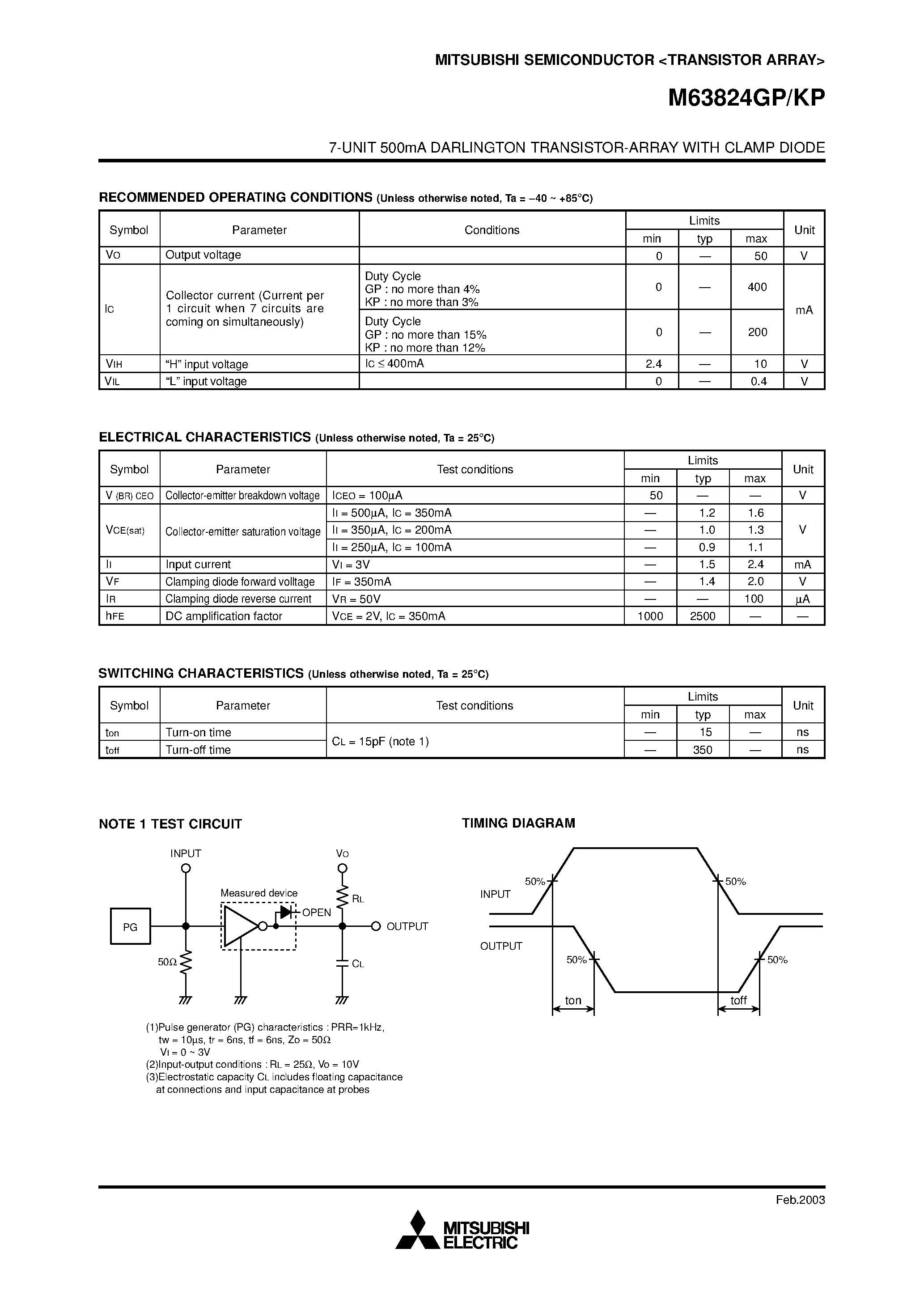Datasheet M63824GP - (M63824xP) 7-UNIT 500mA DARLINGTON TRANSISTOR-ARRAY page 2