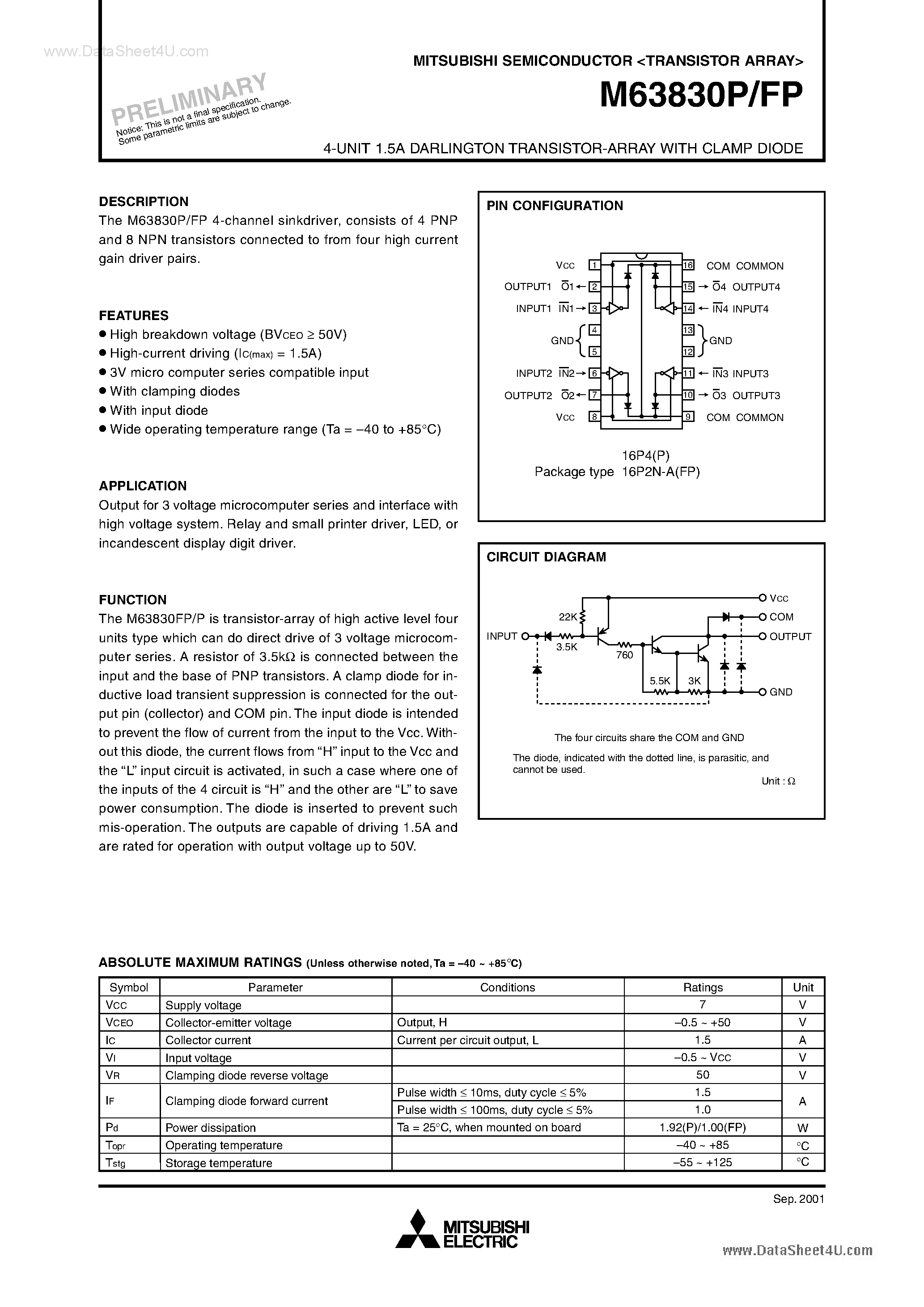 Datasheet M63830FP - (M63830xP) 4-UNIT 1.5A DARLINGTON TRANSISTOR-ARRAY page 1