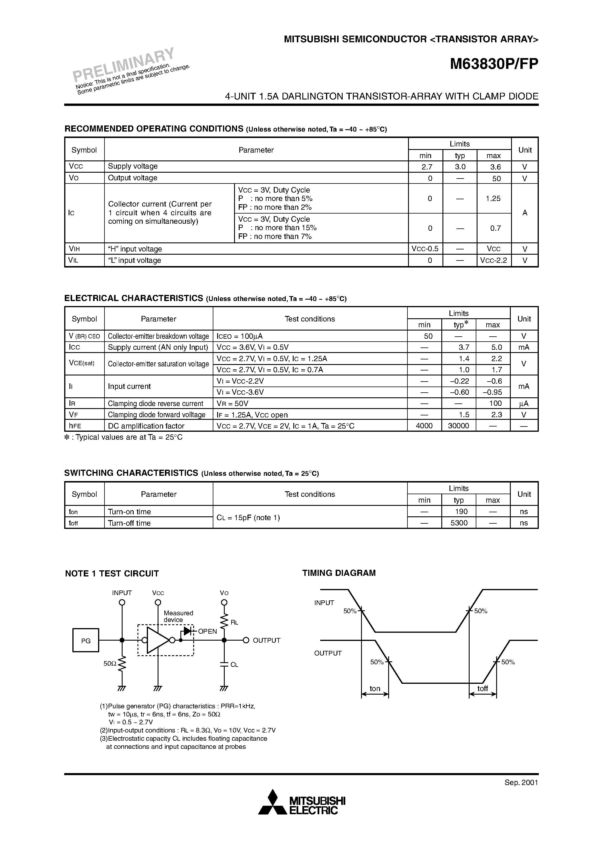 Datasheet M63830FP - (M63830xP) 4-UNIT 1.5A DARLINGTON TRANSISTOR-ARRAY page 2