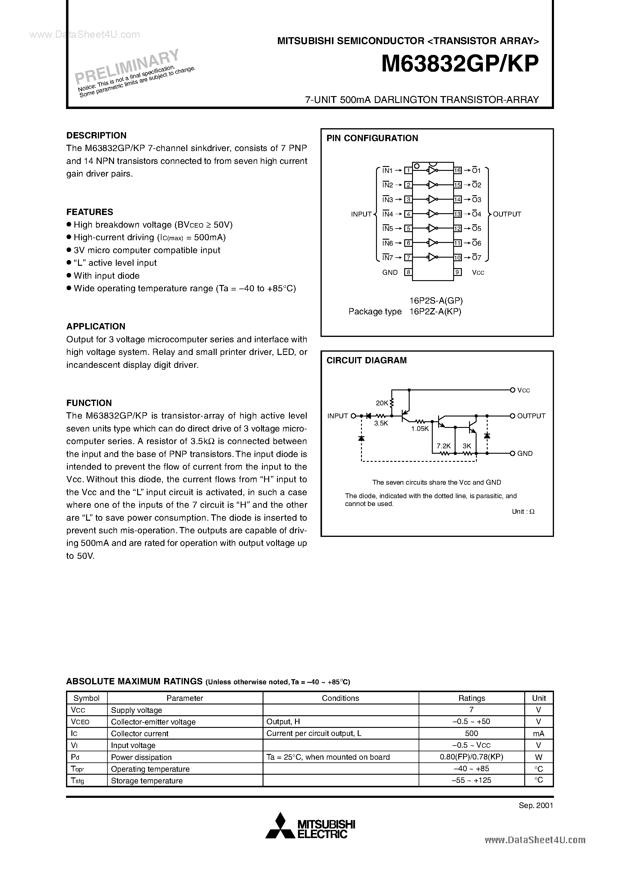 Даташит M63832GP - (M63832xP) 7-UNIT 500mA DARLINGTON TRANSISTOR-ARRAY страница 1