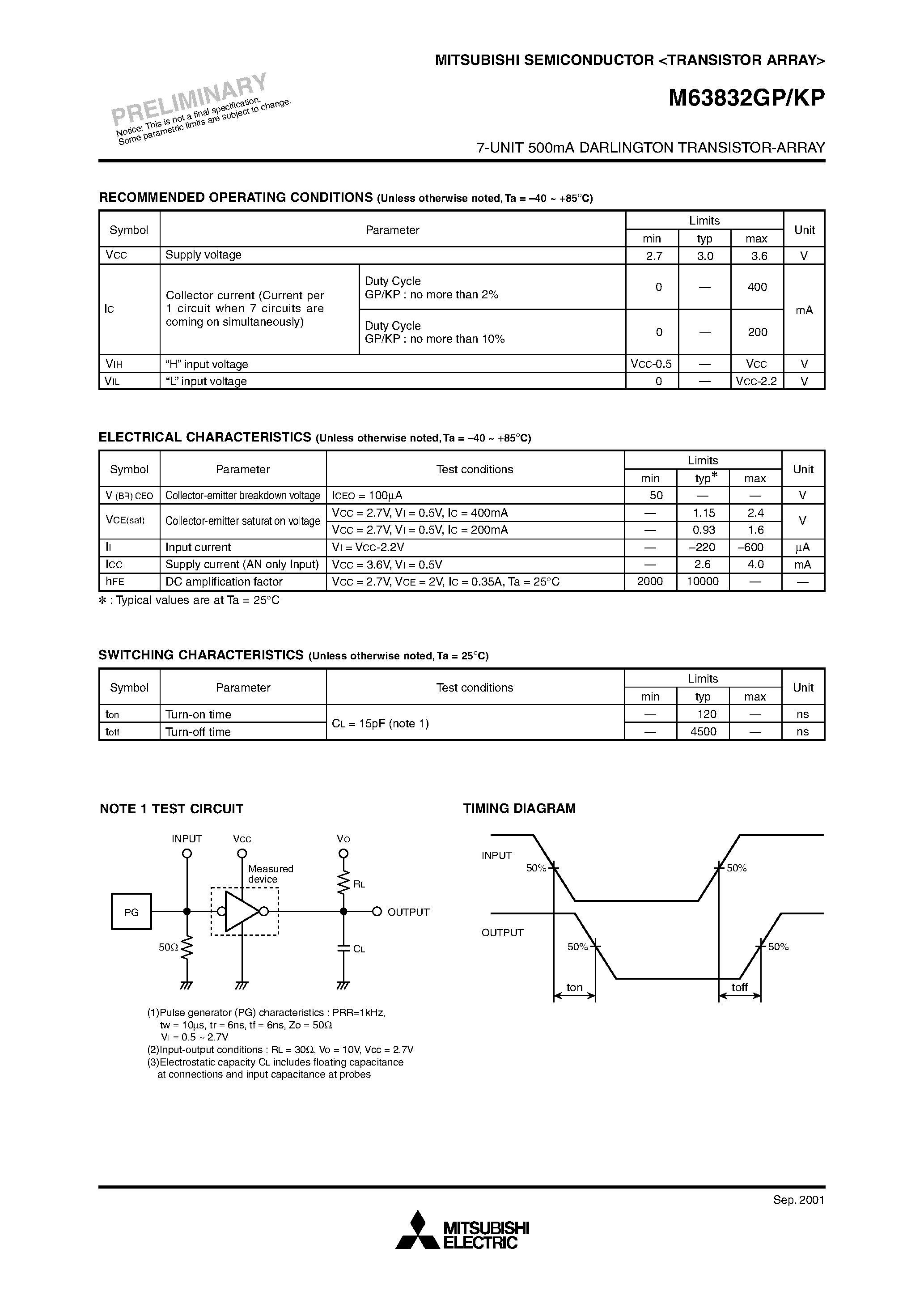 Даташит M63832GP - (M63832xP) 7-UNIT 500mA DARLINGTON TRANSISTOR-ARRAY страница 2