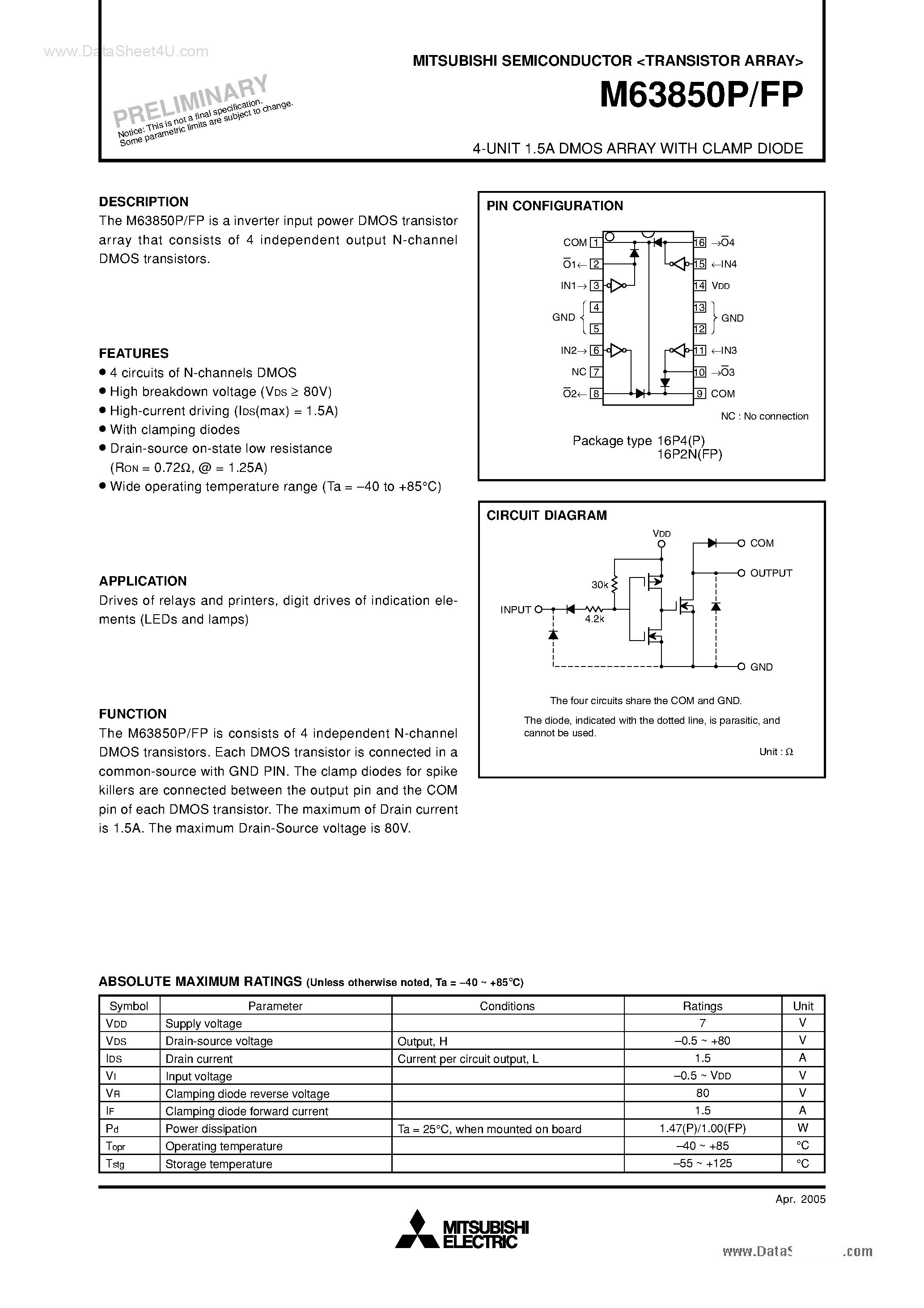 Datasheet M63850FP - (M63850xP) 4-UNIT 1.5A DMOS ARRAY page 1