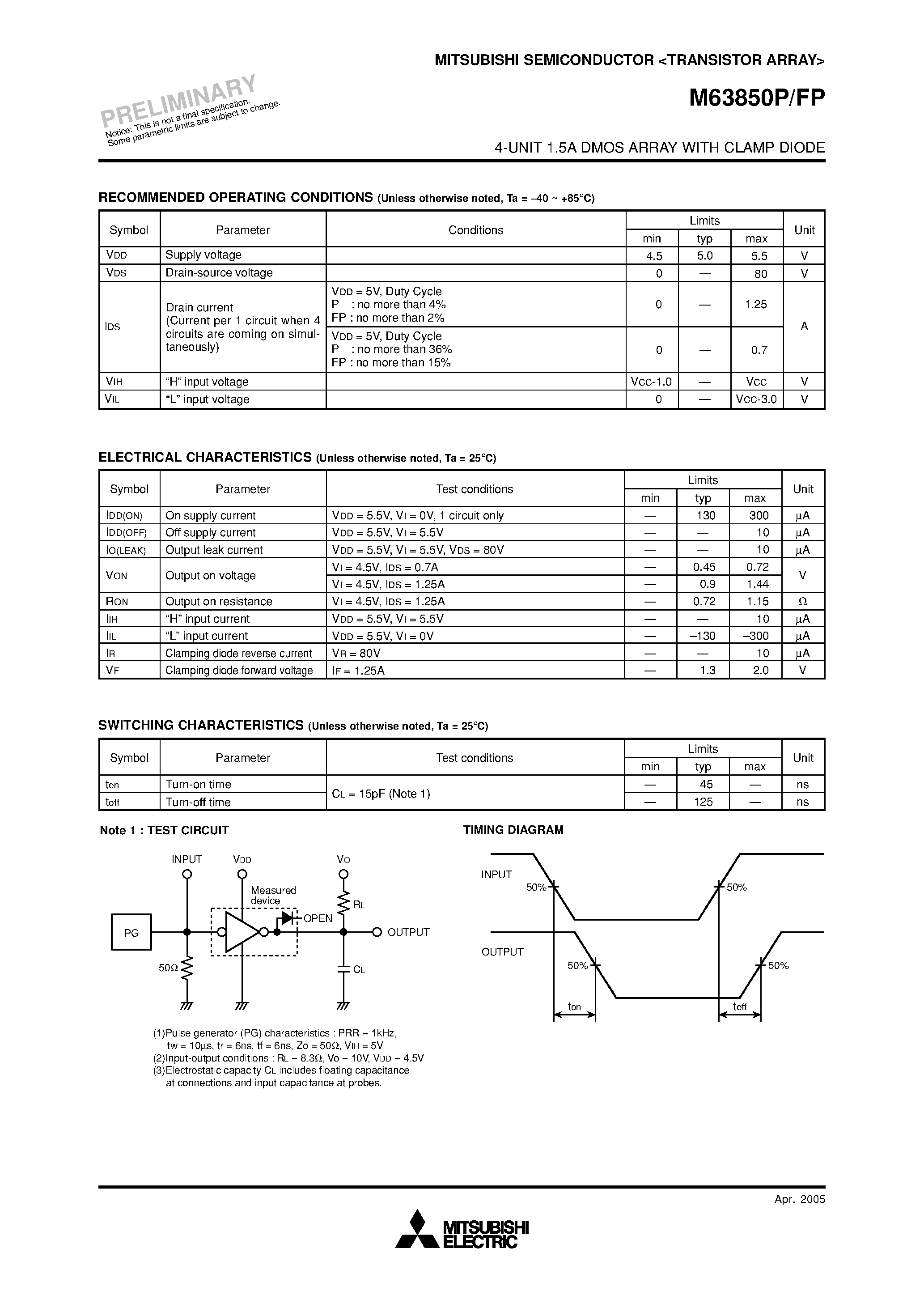 Datasheet M63850FP - (M63850xP) 4-UNIT 1.5A DMOS ARRAY page 2
