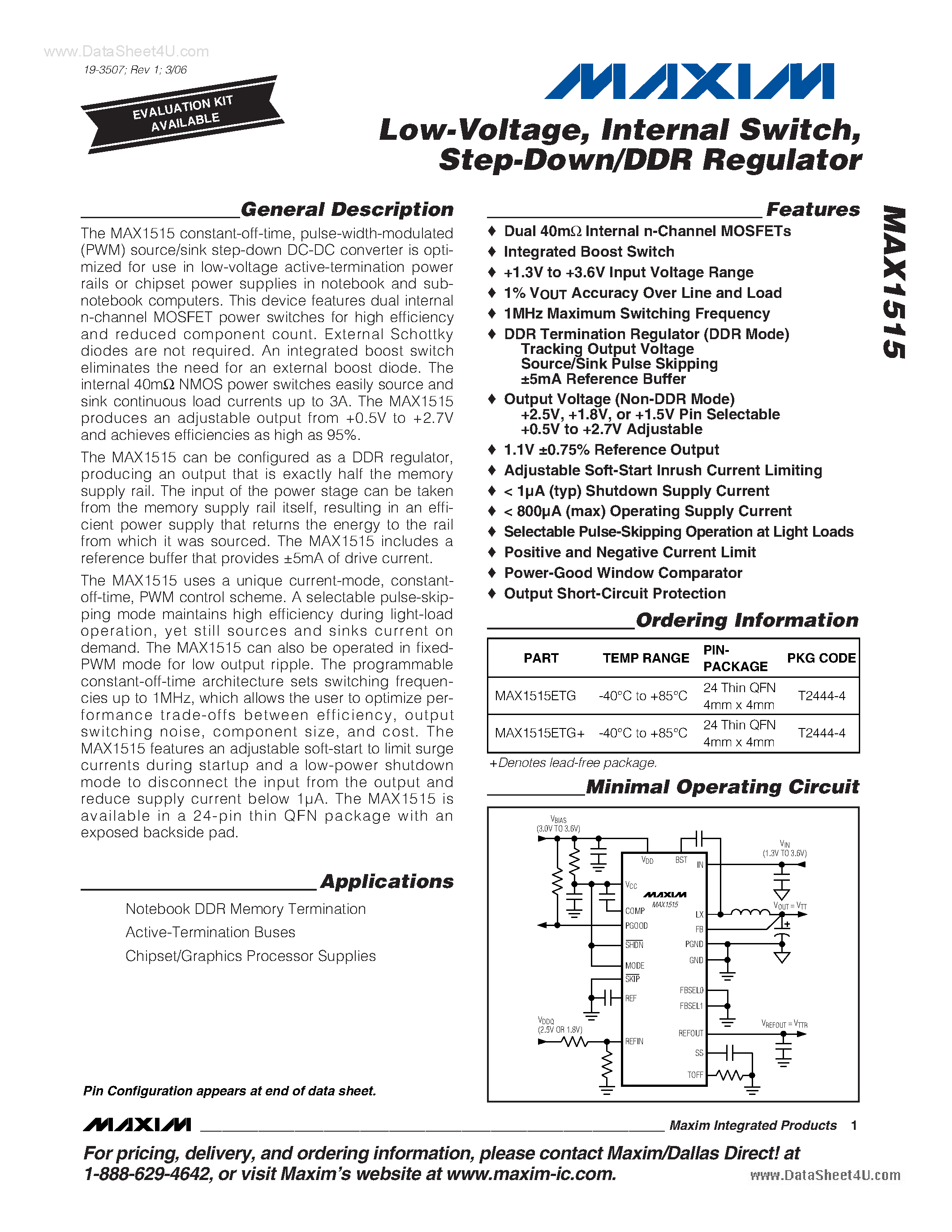 Datasheet MAX1515 - Step-Down/DDR Regulator page 1