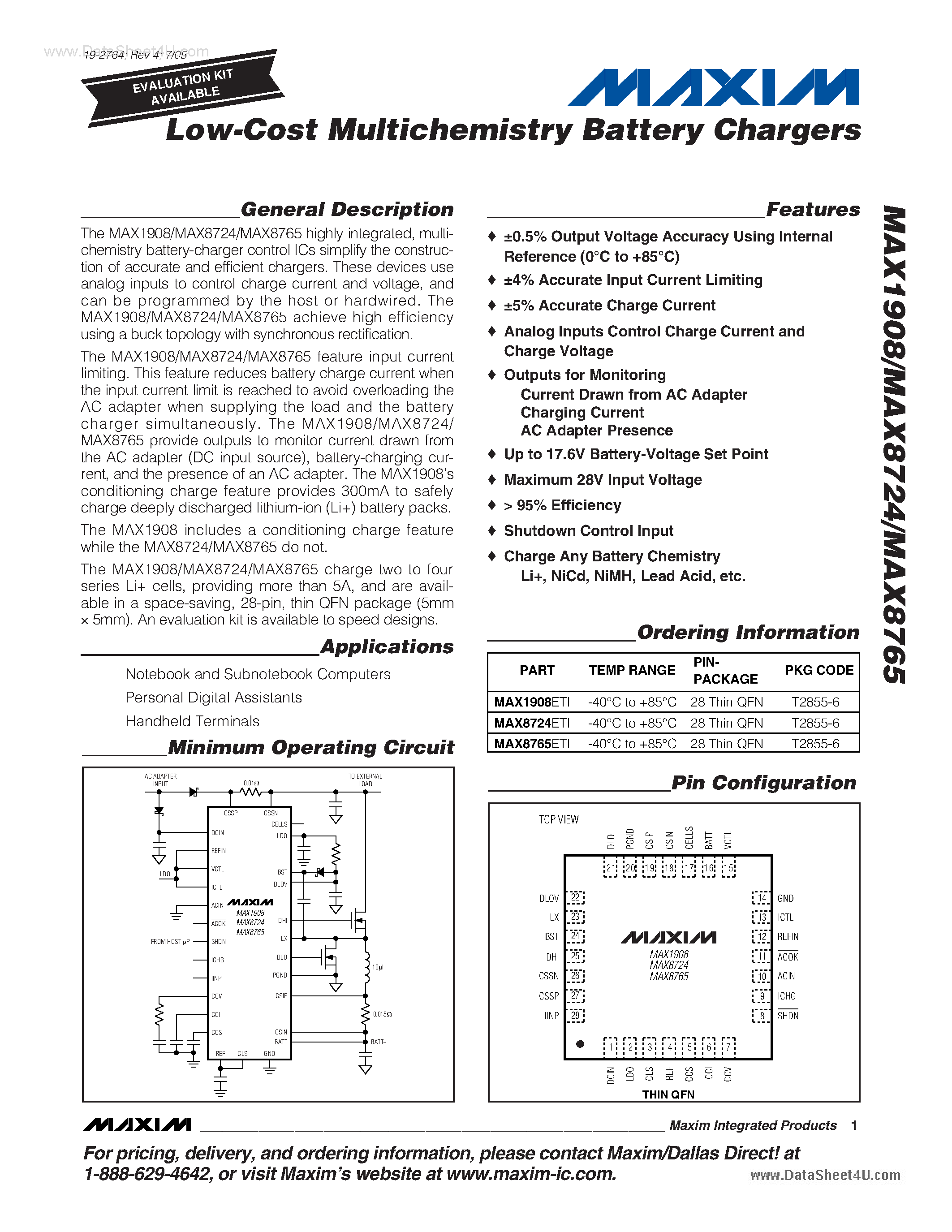 Datasheet MAX1908 - (MAX1908 - MAX87xx) Low-Cost Multichemistry Battery Chargers page 1