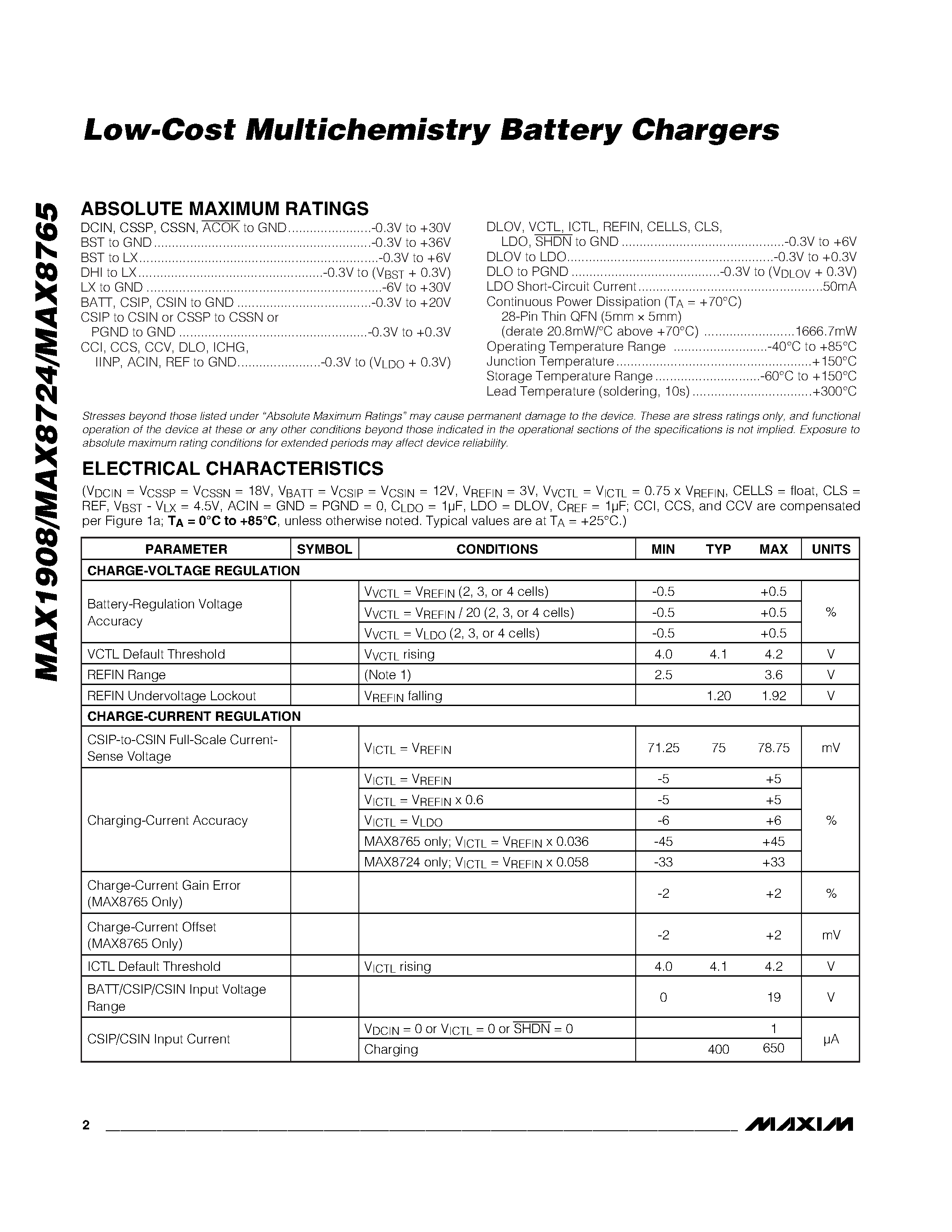 Datasheet MAX1908 - (MAX1908 - MAX87xx) Low-Cost Multichemistry Battery Chargers page 2