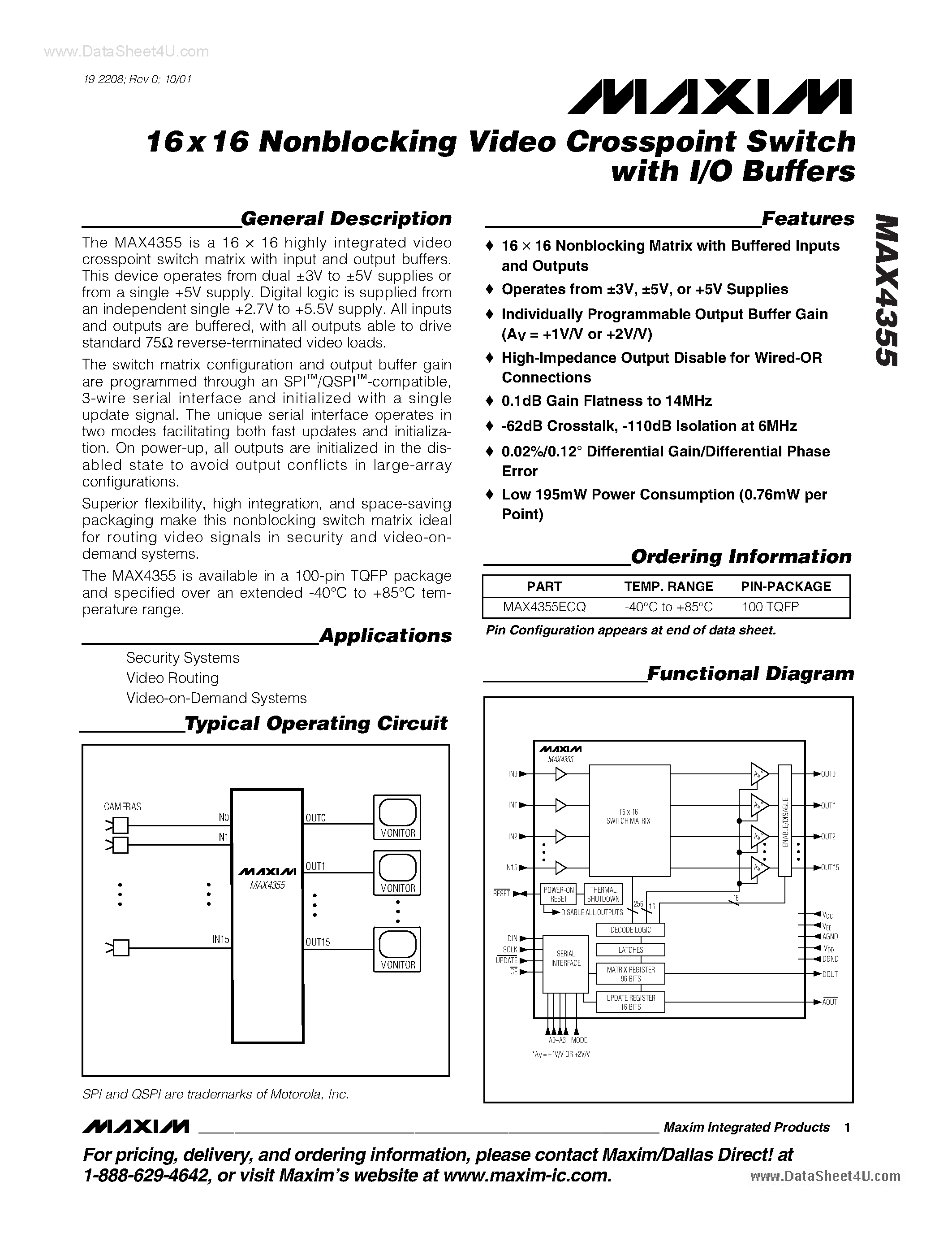 Datasheet MAX4355 page 1 Datasheet MAX4355 - 16x16 Nonblocking Video Crosspoint Switch page 1