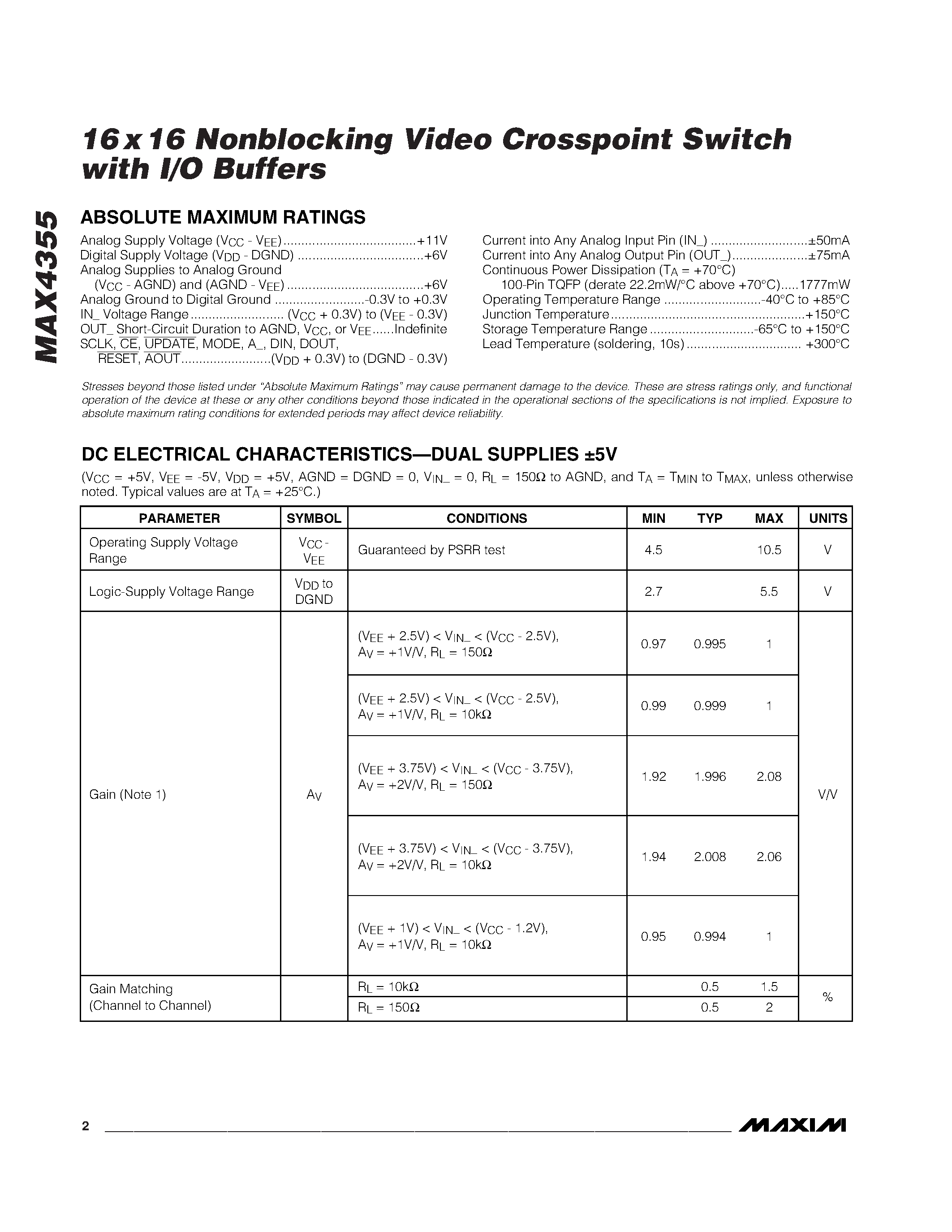 Datasheet MAX4355 page 2 Datasheet MAX4355 - 16x16 Nonblocking Video Crosspoint Switch page 2