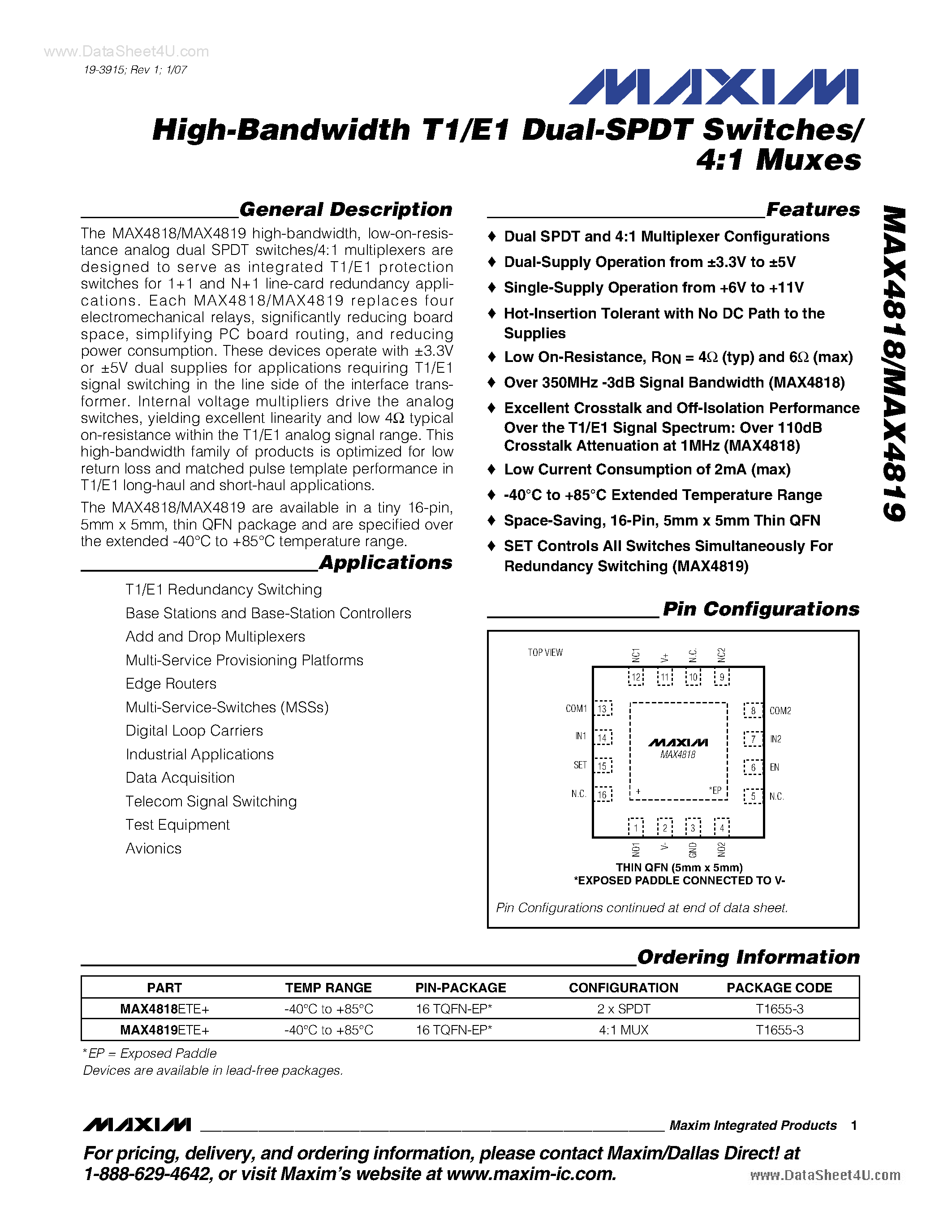 Datasheet MAX4818 - (MAX4818 / MAX4819) High-Bandwidth T1/E1 Dual-SPDT Switches/4:1 Muxes page 1