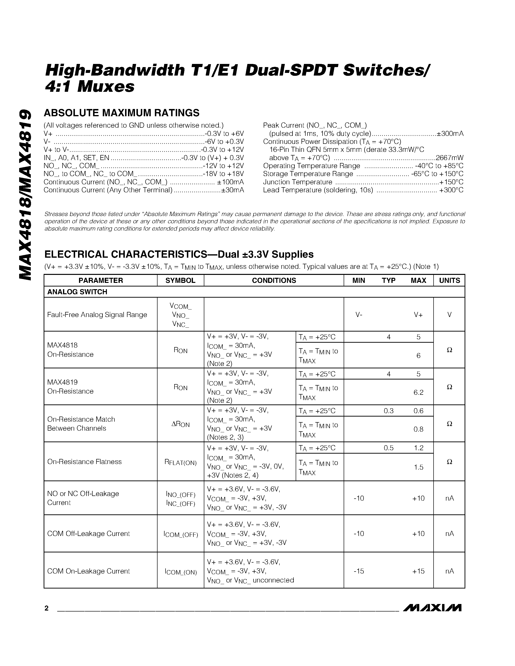 Datasheet MAX4818 - (MAX4818 / MAX4819) High-Bandwidth T1/E1 Dual-SPDT Switches/4:1 Muxes page 2