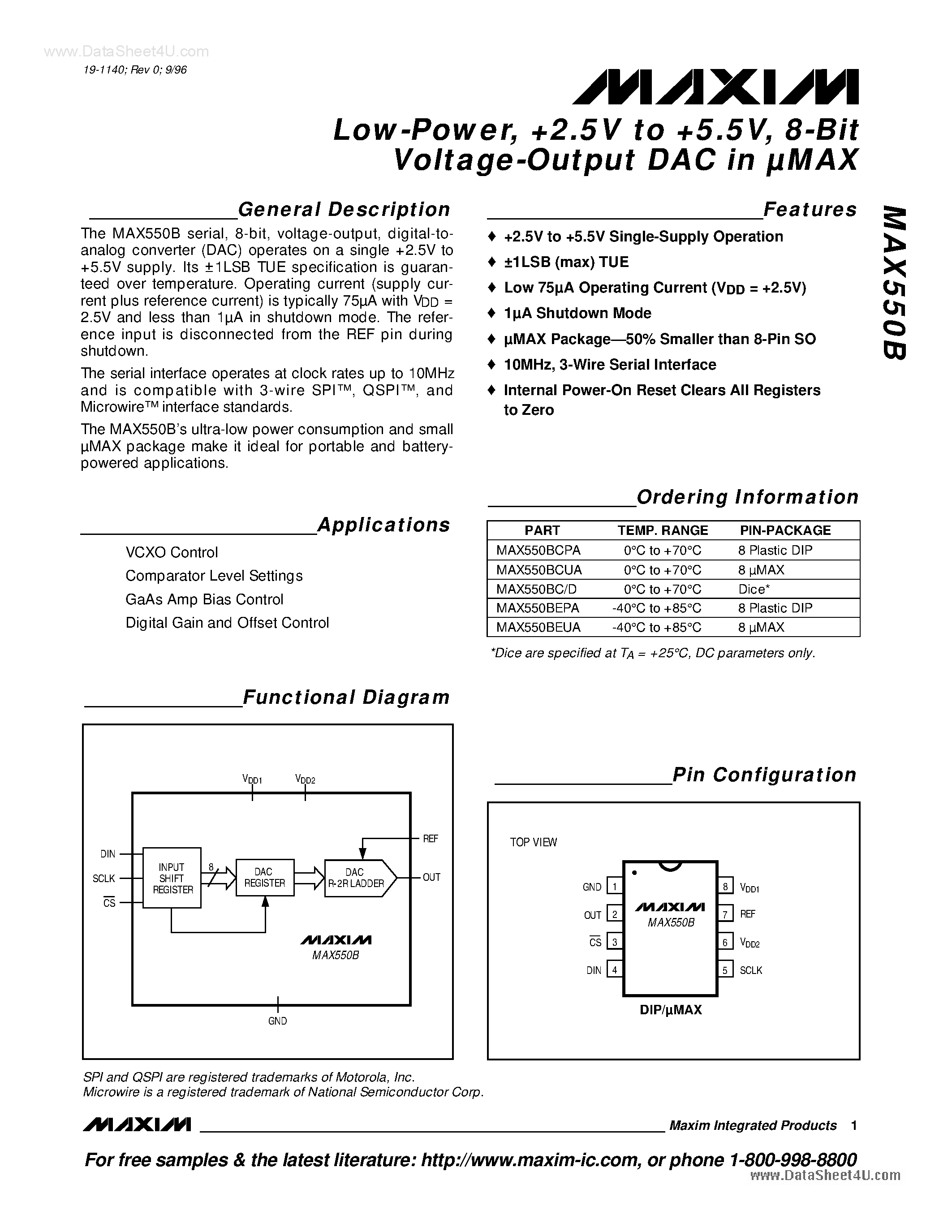 Datasheet MAX550B - 8-Bit Voltage-Output DAC page 1