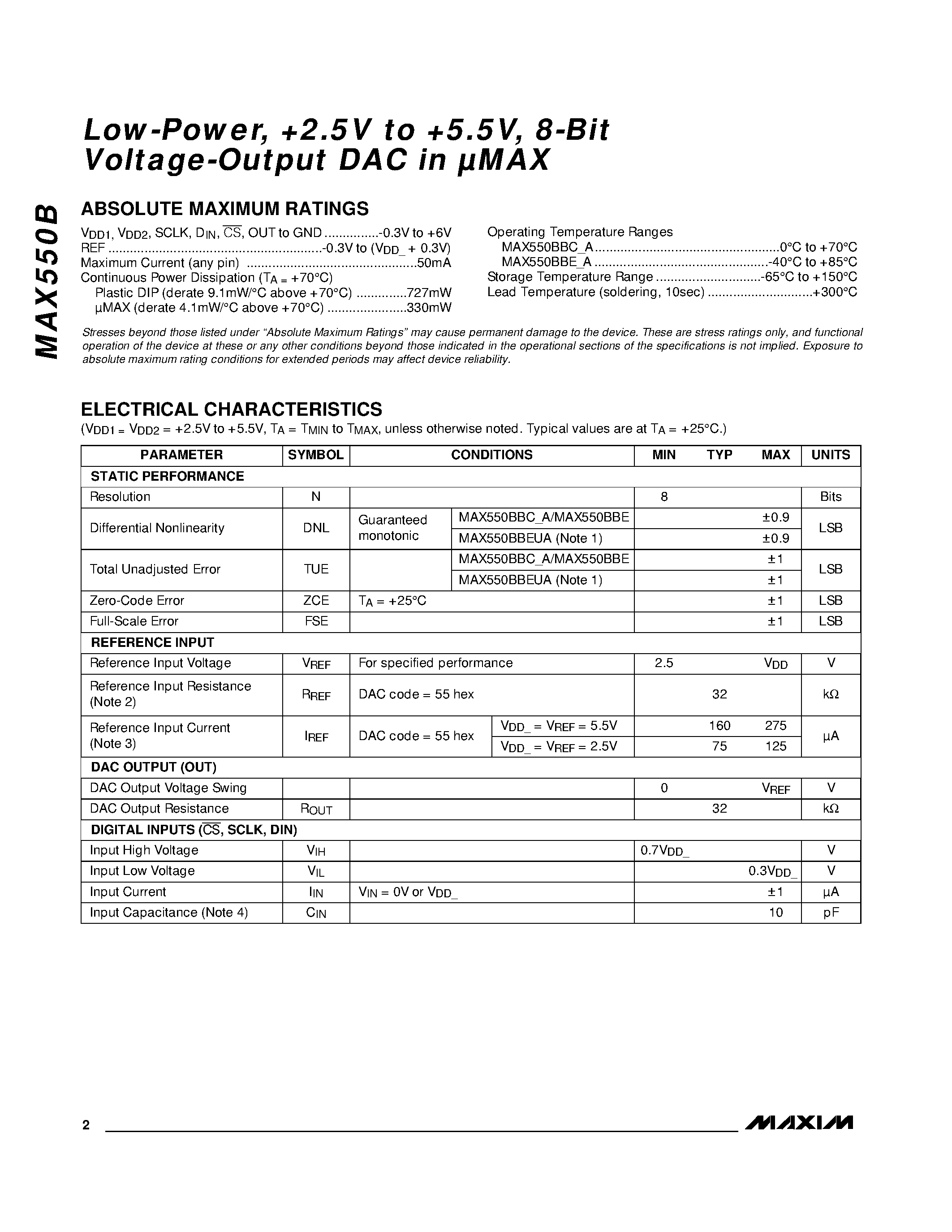 Datasheet MAX550B - 8-Bit Voltage-Output DAC page 2