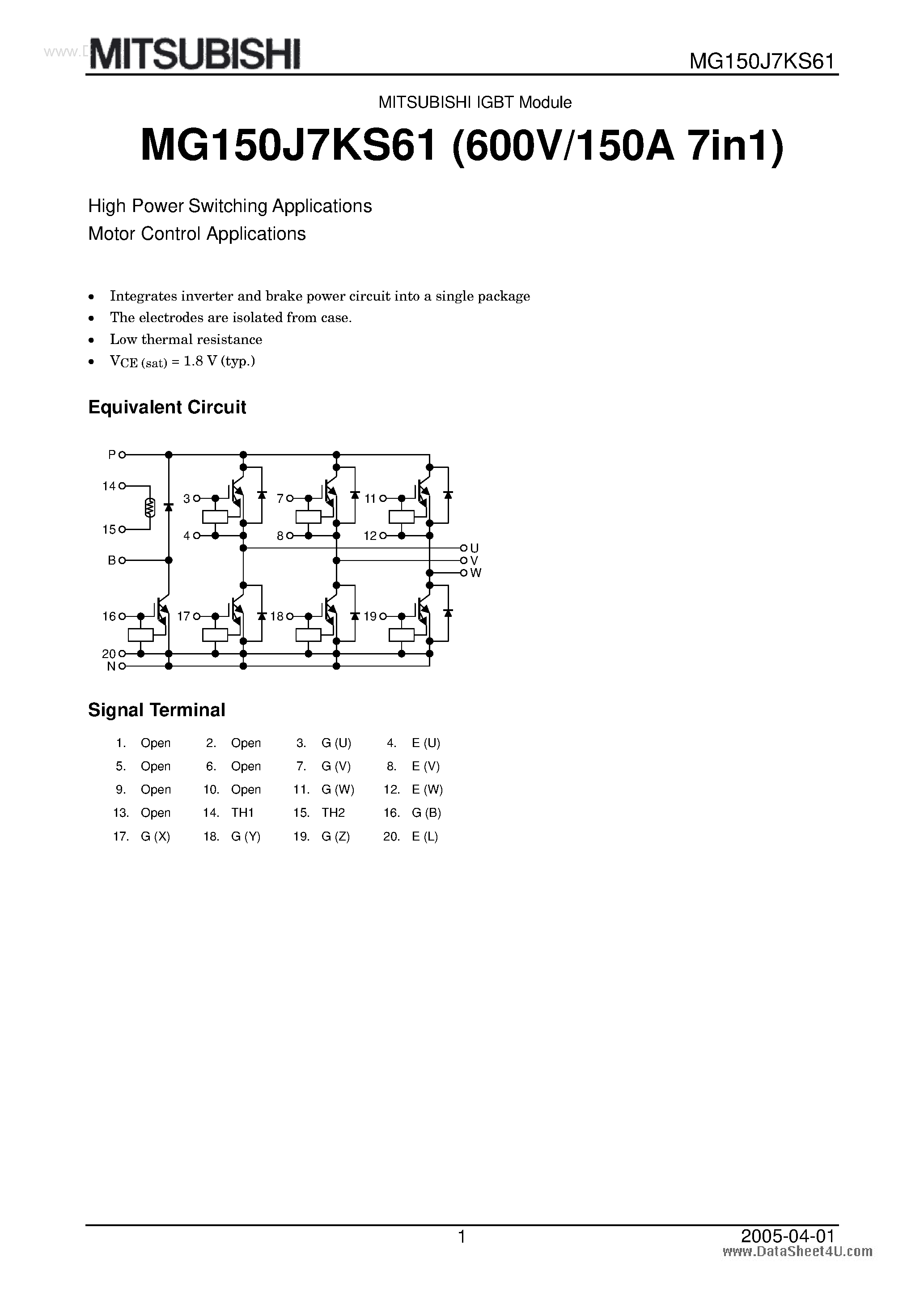 Datasheet MG150J7KS61 page 1 Datasheet MG150J7KS61 - High Power Switching Applications Motor Control Applications page 1