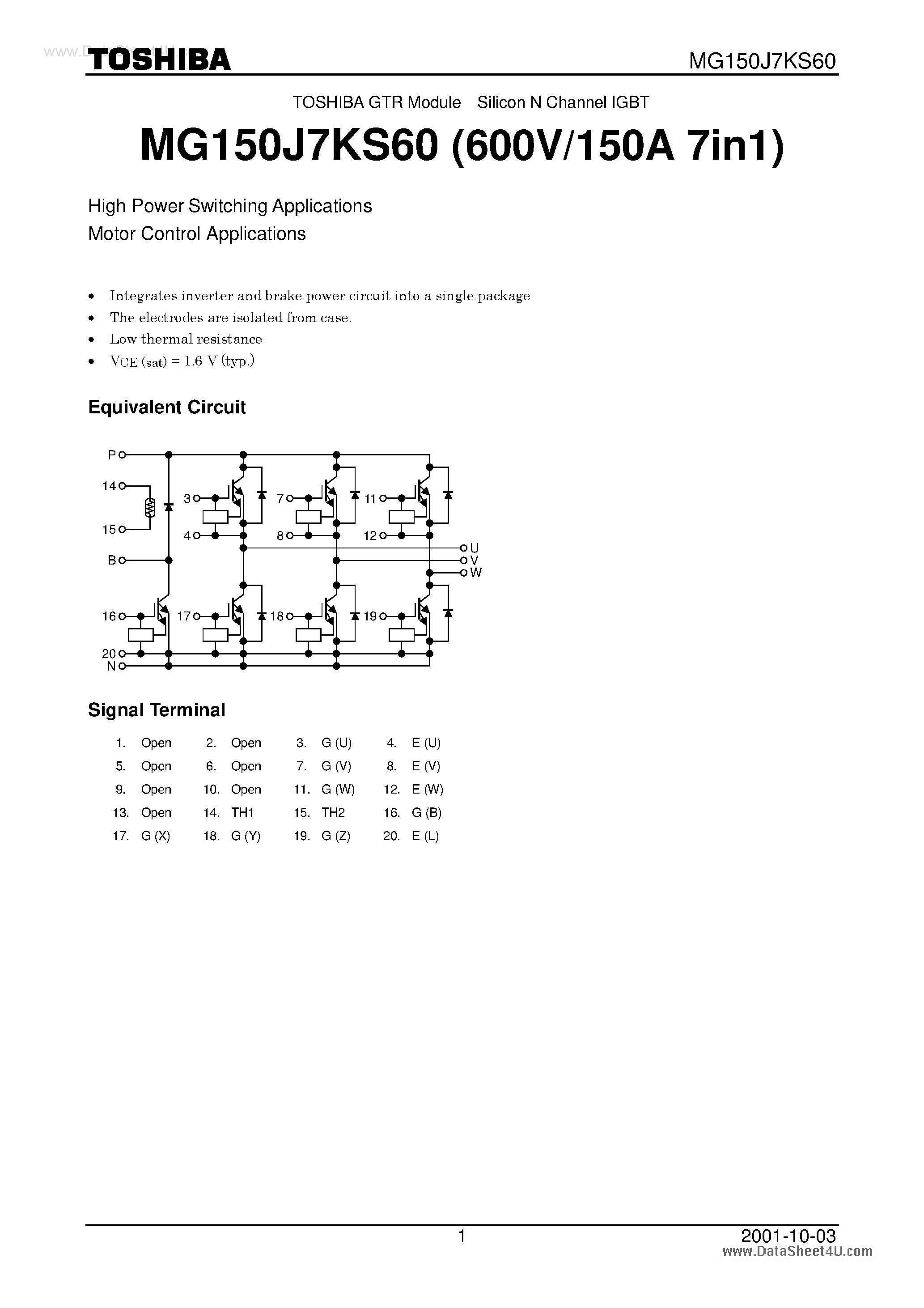 Datasheet MG150J7KS60 - GTR MODULE SILICON N CHANNEL IGBT page 1