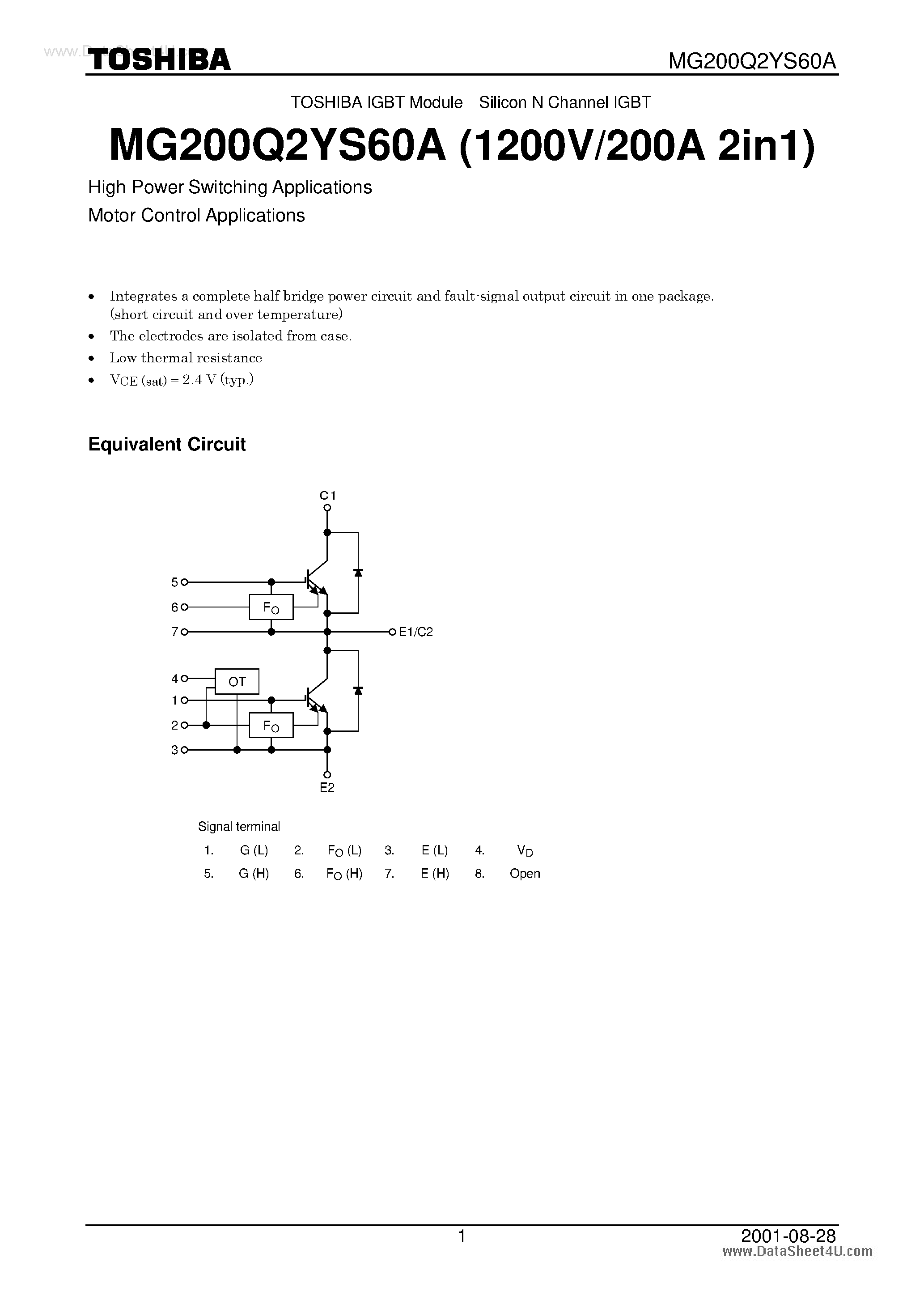 Datasheet MG200Q2YS60A - High Power Switching Applications Motor Control Applications page 1