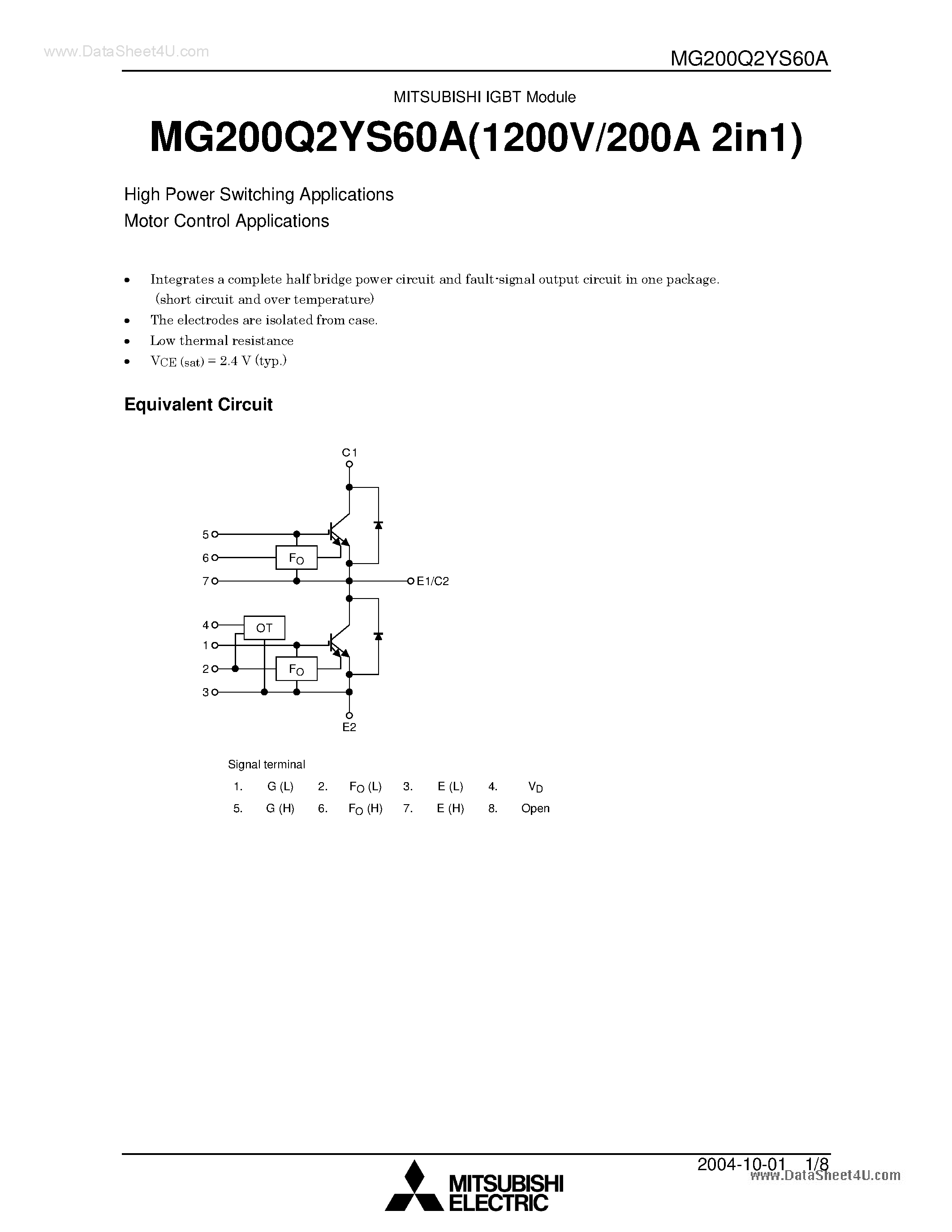 Datasheet MG200Q2YS60A - High Power Switching Applications Motor Control Applications page 1