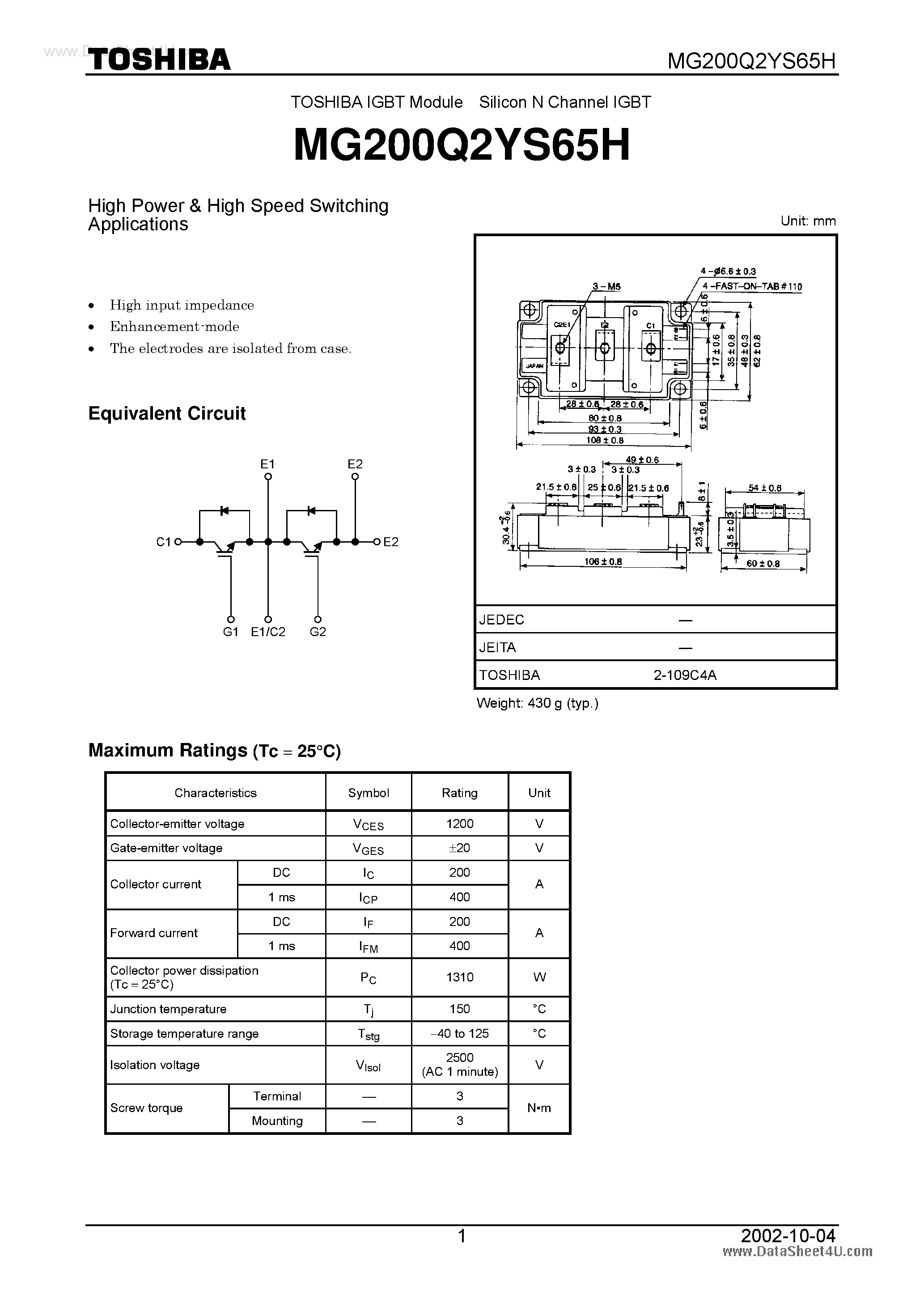 Datasheet MG200Q2YS65H - IGBT Module Silicon N Channel IGBT page 1