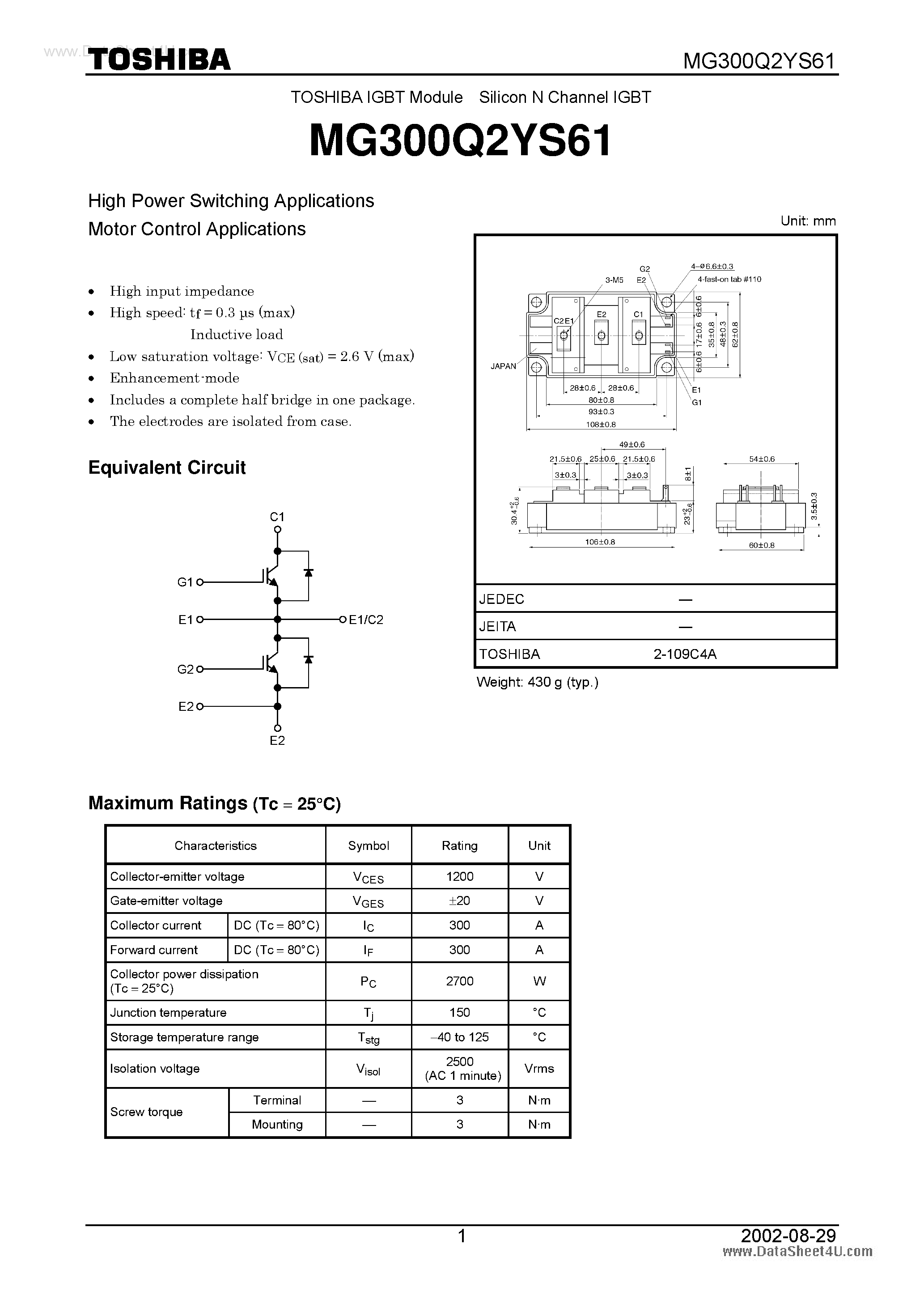 Datasheet MG300Q2YS61 - High Power Switching Applications Motor Control Applications page 1