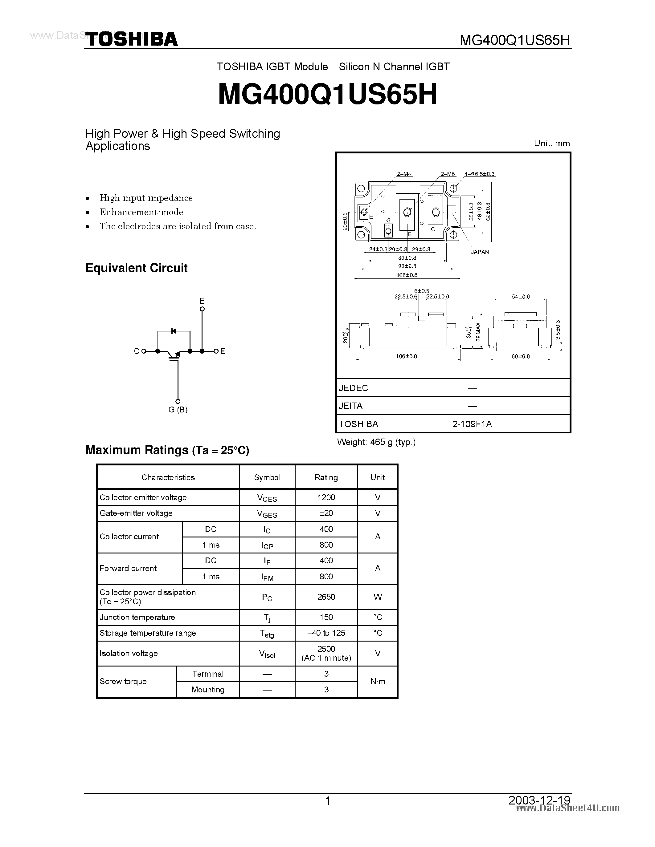 Datasheet MG400Q1US65H - High Power & High Speed Switching Applications page 1