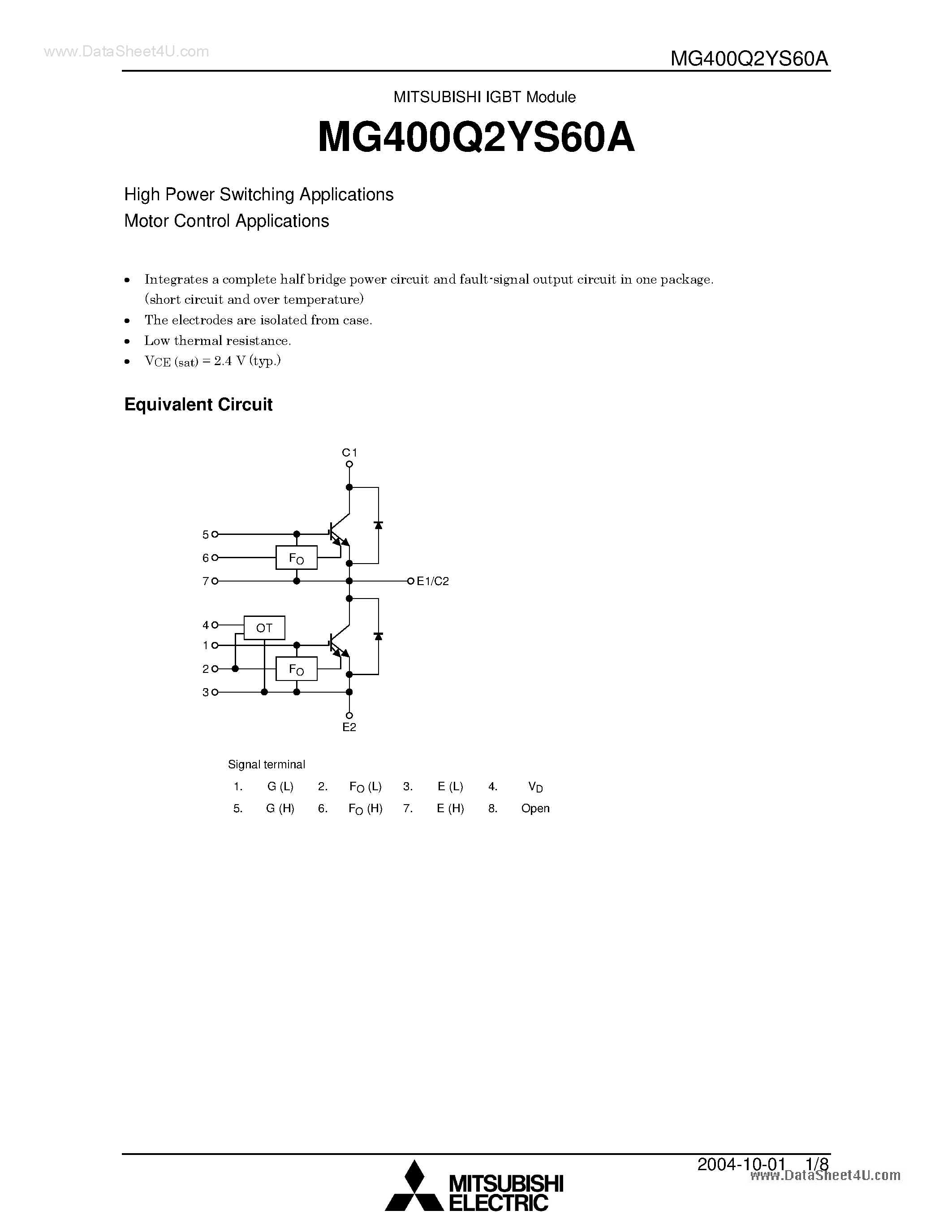 Datasheet MG400Q2YS60A page 1 Datasheet MG400Q2YS60A - High Power Switching Applications Motor Control Applications page 1