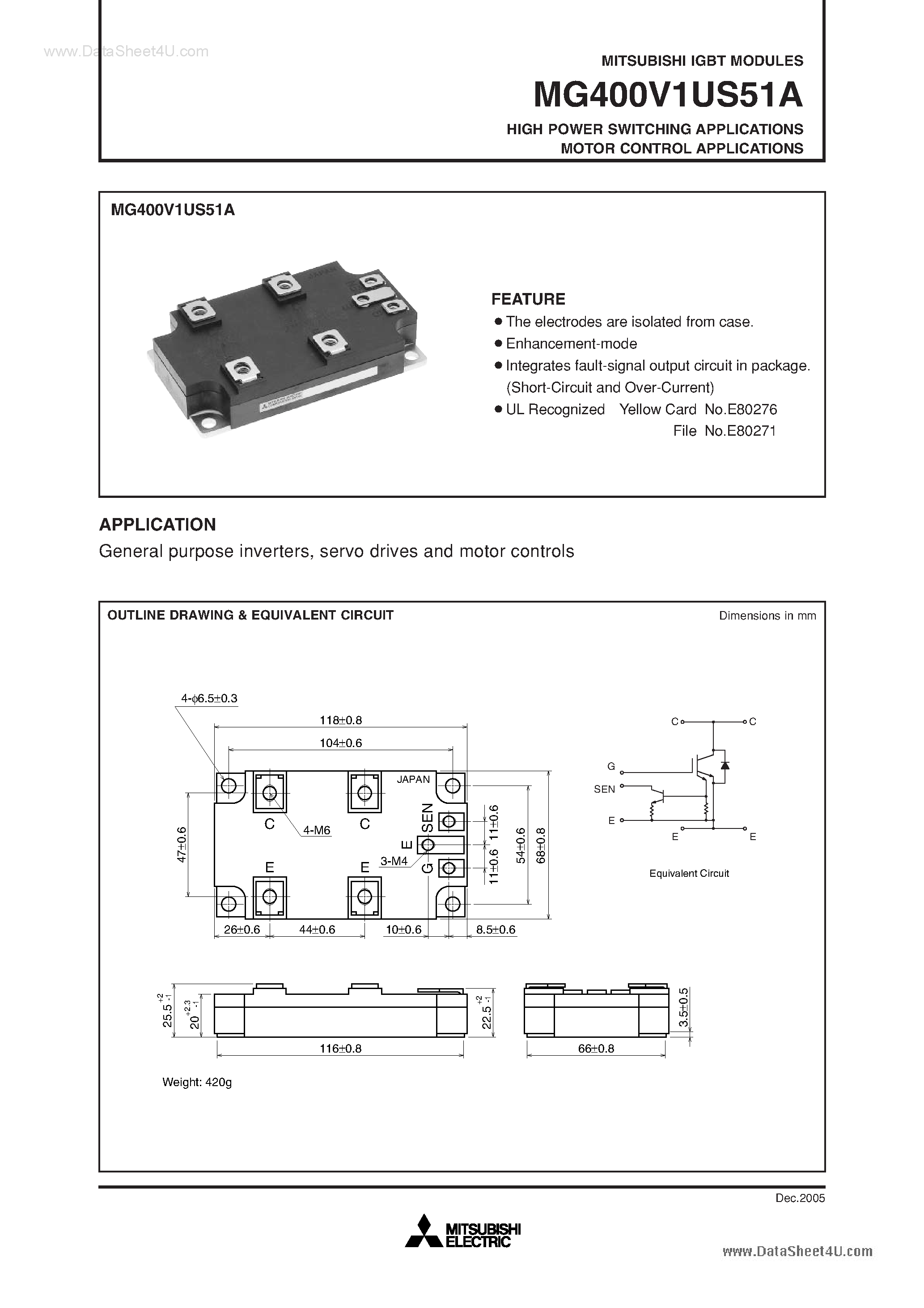 Datasheet MG400V1US51A page 1 Datasheet MG400V1US51A - HIGH POWER SWITCHING APPLICATIONS MOTOR CONTROL APPLICATIONS page 1