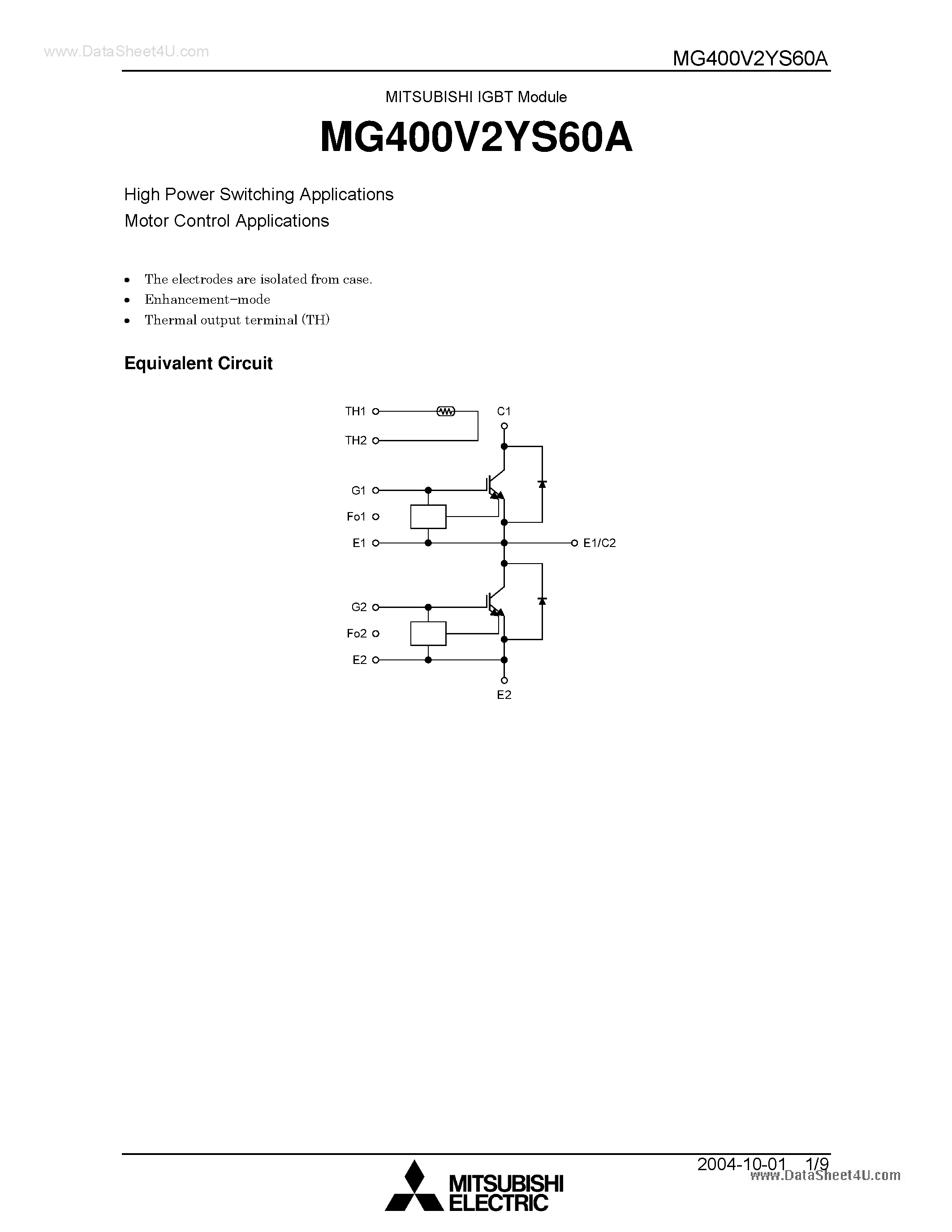 Datasheet MG400V2YS60A page 1 Datasheet MG400V2YS60A - High Power Switching Applications Motor Control Applications page 1