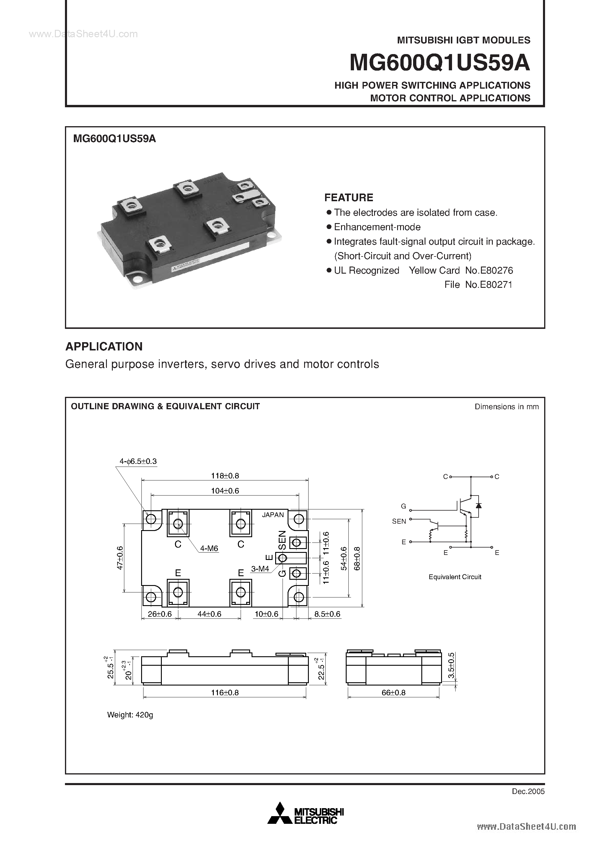Datasheet MG600Q1US59A page 1 Datasheet MG600Q1US59A - HIGH POWER SWITCHING APPLICATIONS MOTOR CONTROL APPLICATIONS page 1