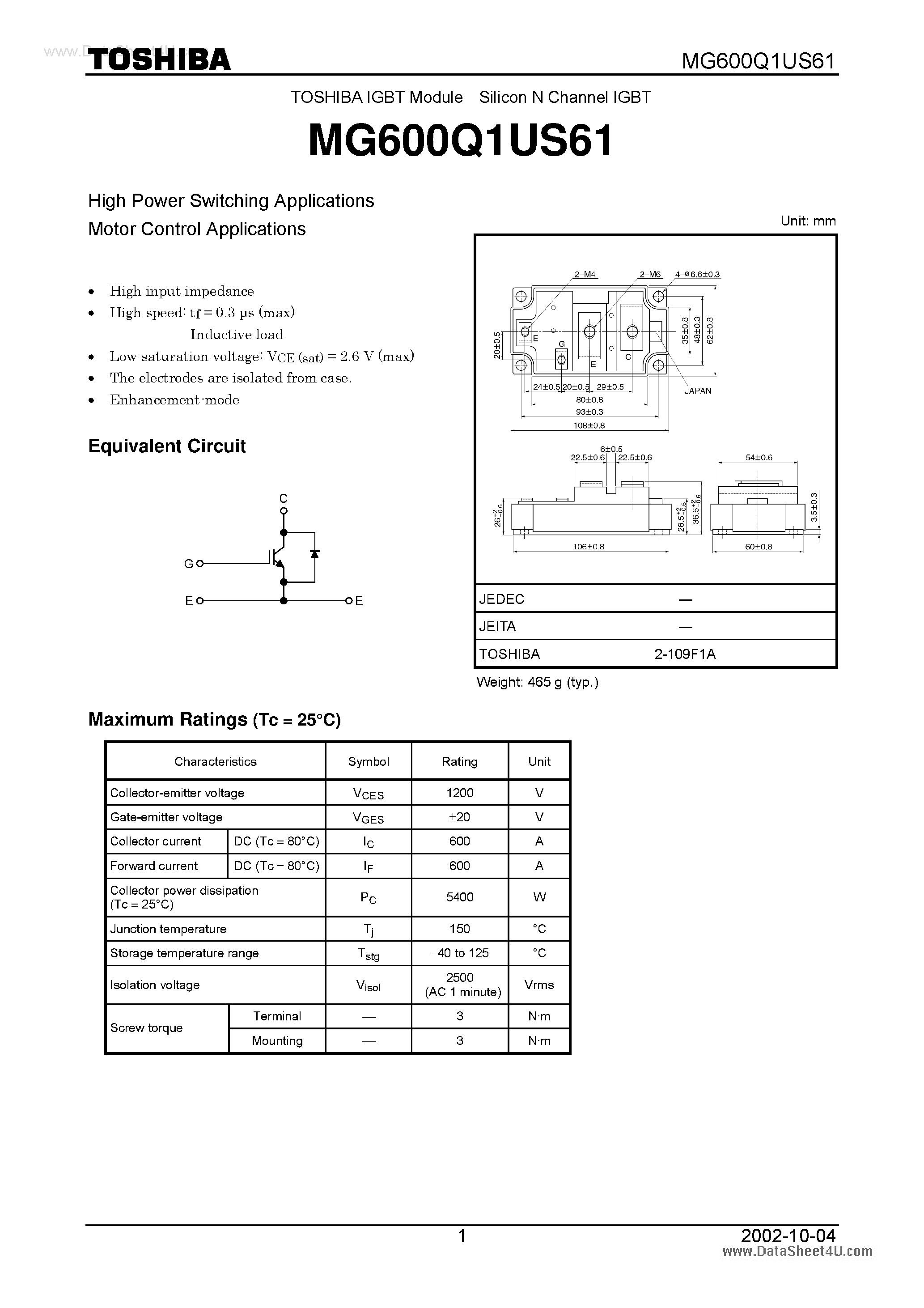 Datasheet MG600Q1US61 - IGBT Module Silicon N Channel IGBT page 1