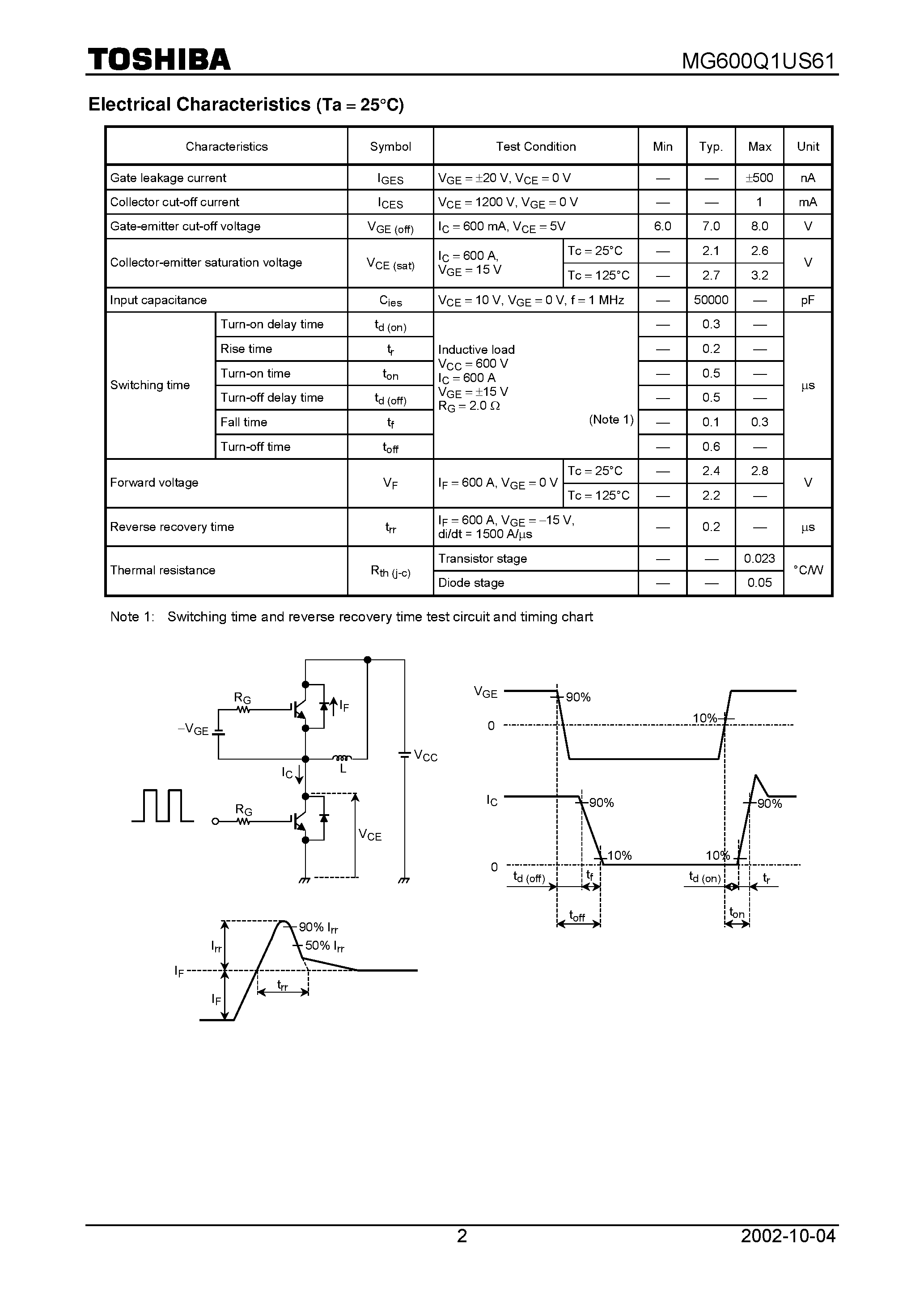 Datasheet MG600Q1US61 - IGBT Module Silicon N Channel IGBT page 2