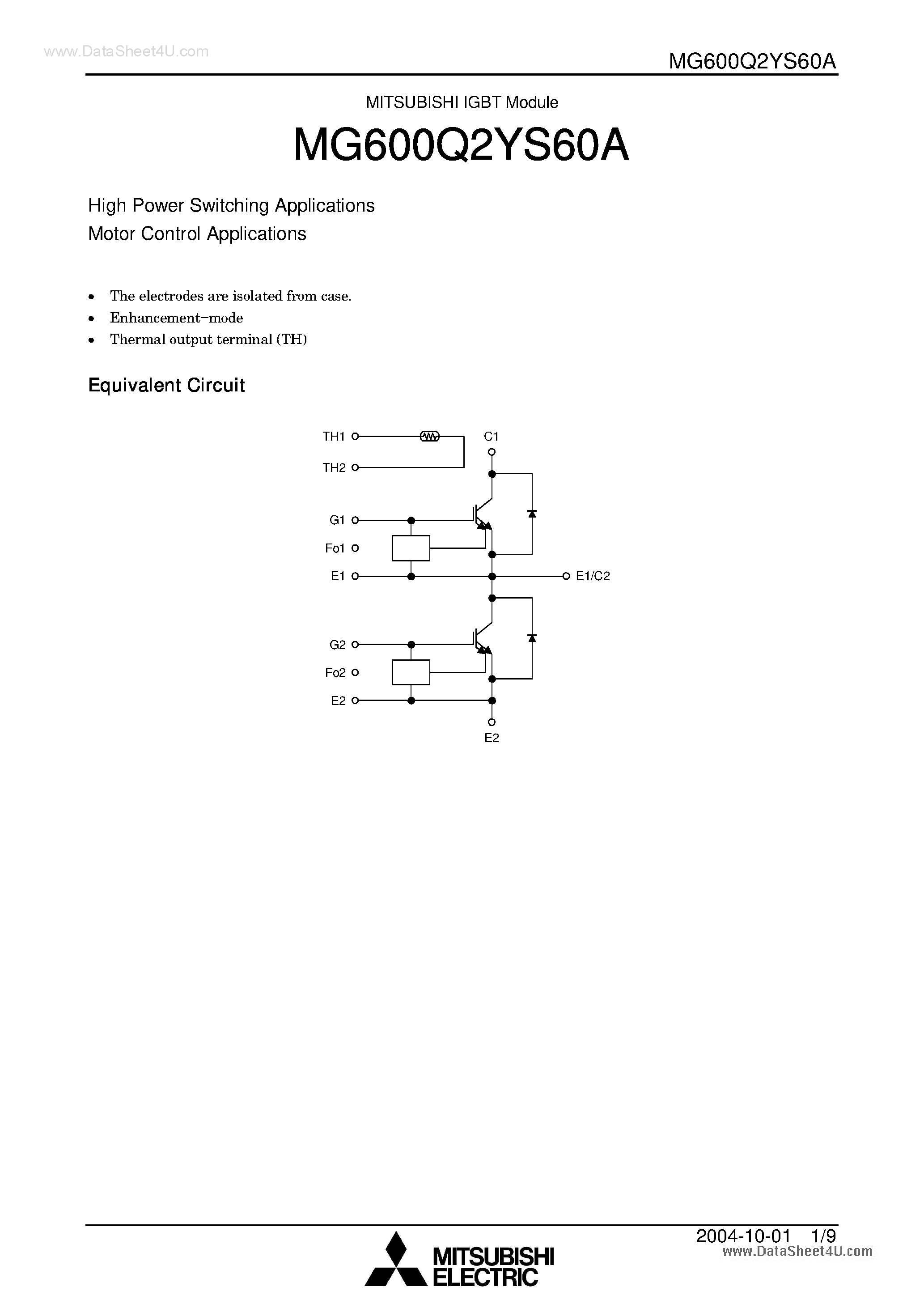 Datasheet MG600Q2YS60A page 1 Datasheet MG600Q2YS60A - High Power Switching Applications Motor Control Applications page 1