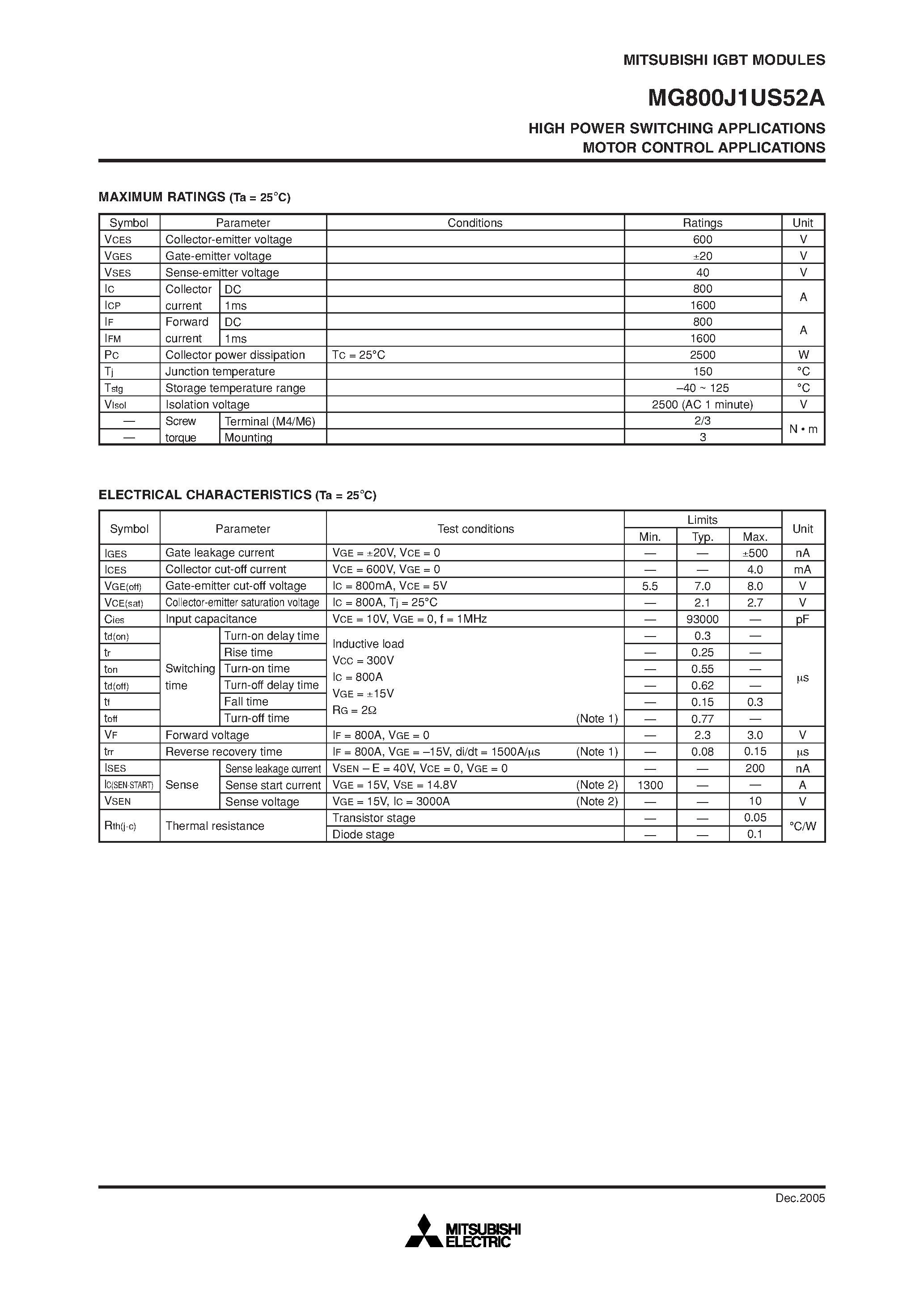 Datasheet MG800J1US52A page 2 Datasheet MG800J1US52A - HIGH POWER SWITCHING APPLICATIONS MOTOR CONTROL APPLICATIONS page 2