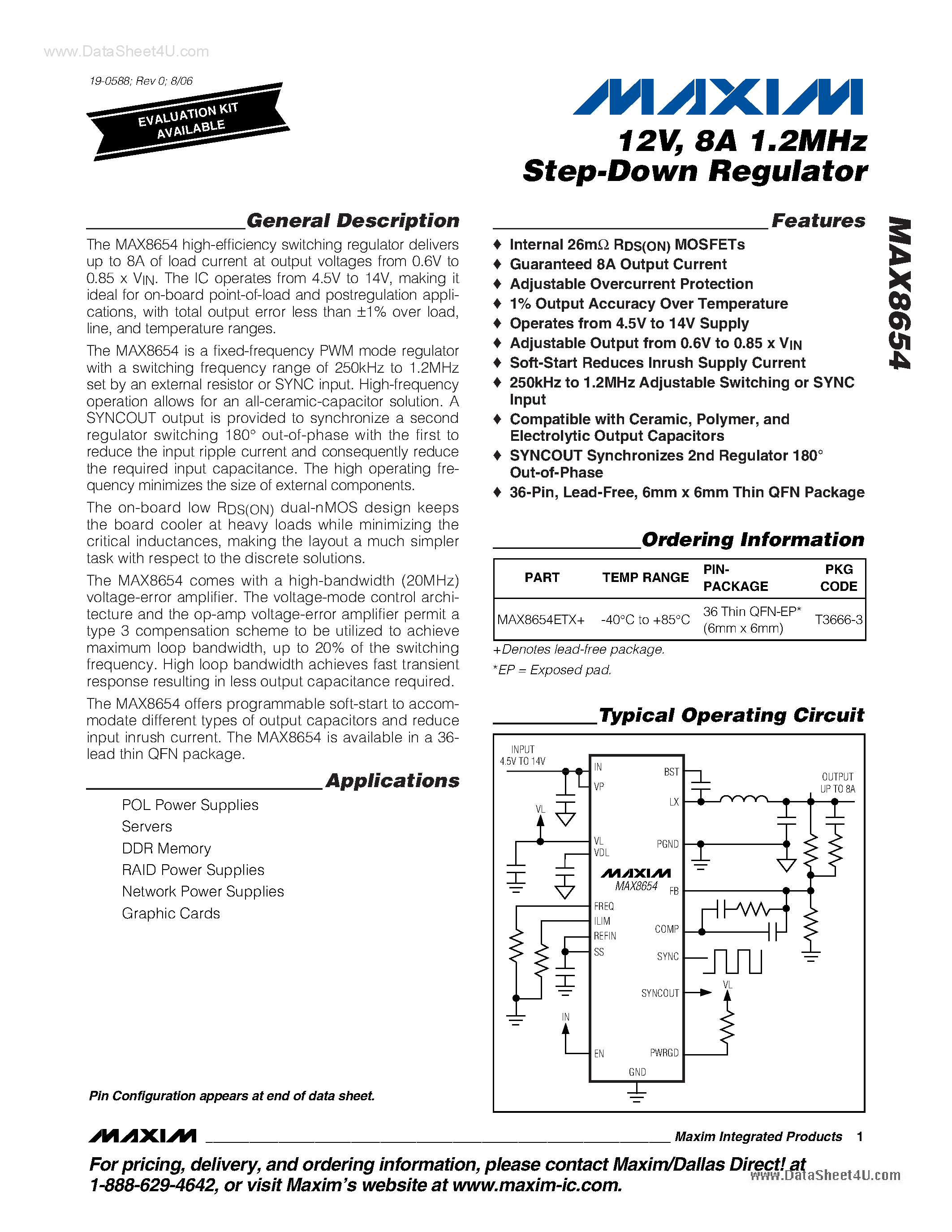 Datasheet MAX8654 - 8A 1.2MHz Step-Down Regulator page 1